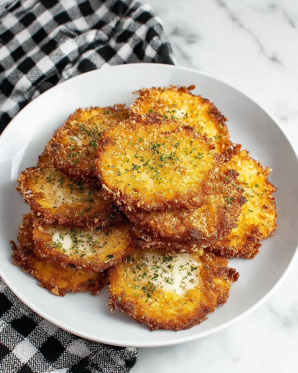 A stack of about ten round, crispy fried slices is arranged on a white plate. Each slice has a golden-brown crust with a slightly uneven texture showing crunchy bits and some white creamy parts peeking through, indicating a soft layer beneath the crisp outside. The slices are sprinkled with finely chopped green herbs that add a touch of color contrast. The plate sits on a white marbled surface next to a black and white checkered cloth. Photo taken with an iphone --ar 4:5 --v 7