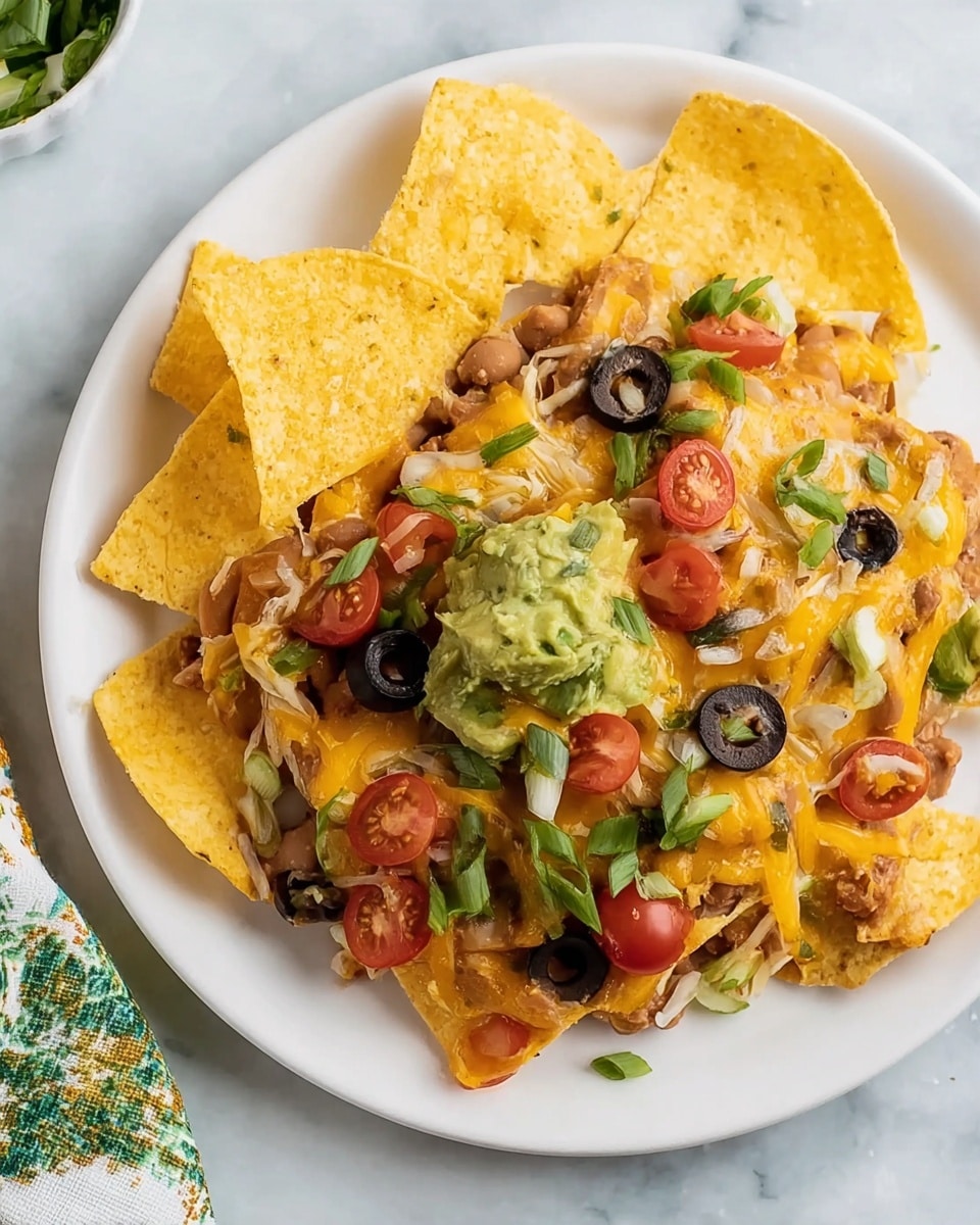 A white plate holds a serving of layered nachos with visible three large triangular yellow tortilla chips on the left and one more on the right partially covered by the toppings. The toppings form a colorful, thick layer in the center, including light brown refried beans, melted shredded orange cheddar cheese, creamy green guacamole, red cherry tomato slices, sliced black olives, and small bits of green onions thinly scattered. The plate sits on a white marbled surface with a small part of a green and white cloth napkin visible on the left edge. photo taken with an iphone --ar 4:5 --v 7