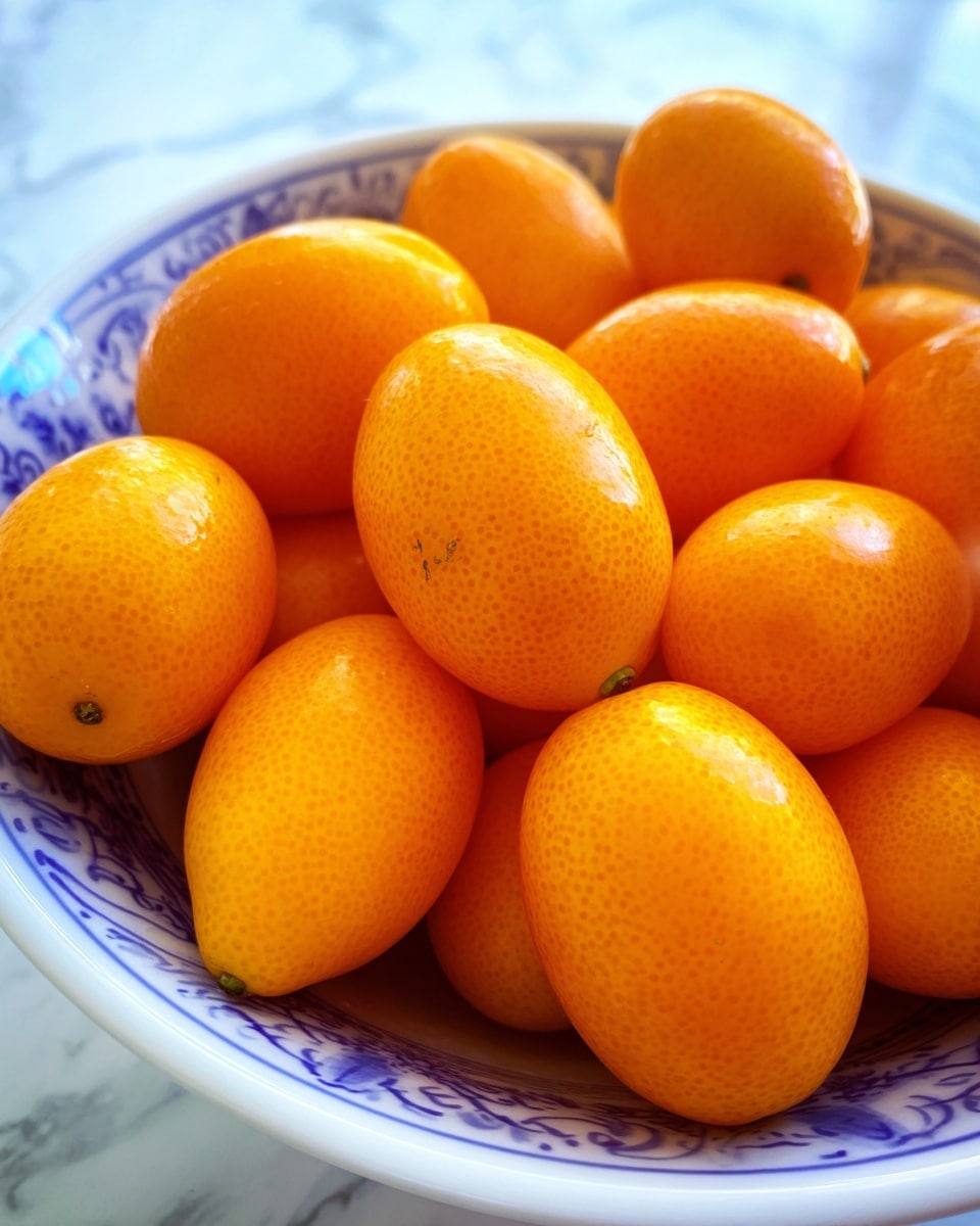 A close-up image shows a group of bright orange kumquats tightly packed inside a white bowl with blue patterns on the rim. The kumquats have smooth, slightly bumpy skin with small natural marks and a shiny surface that reflects light. The bowl rests on a background with white marbled texture. Photo taken with an iphone --ar 4:5 --v 7