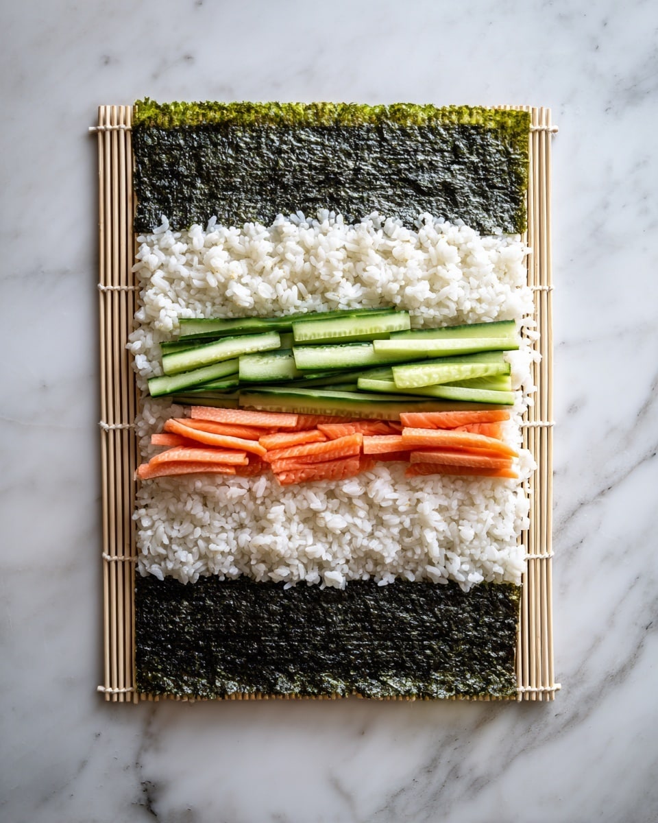 The image shows a sushi mat with a sheet of dark green seaweed placed on top. A layer of white rice is spread thinly over the seaweed, covering less than half of it near the top edge. On top of the rice, there is a row of orange crab sticks and a row of light green cucumber strips arranged horizontally, parallel to the edge of the seaweed. The sushi mat and seaweed are on a white marbled surface. photo taken with an iphone --ar 4:5 --v 7