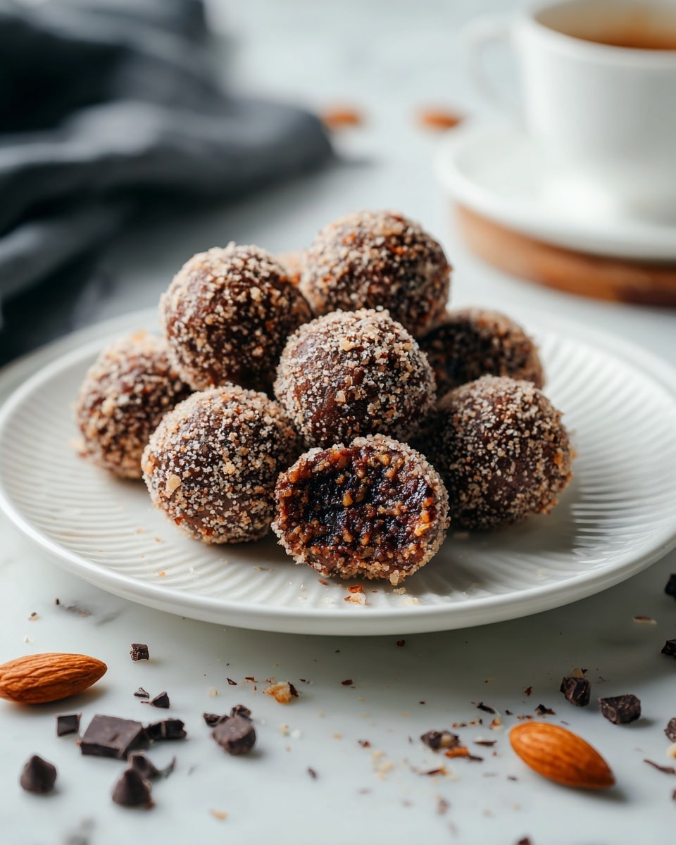 A white plate with ridged edges holds about ten round brown balls coated with a crumbly nutty layer, giving them a rough texture. One ball is in front and shown with a bite taken out, revealing a dense, sticky inside that is darker brown with visible nut bits. The plate is placed on a white marbled surface scattered lightly with crumbs and some almonds and chocolate chips nearby. The background is softly blurred with hints of a white bowl and a dark fabric. Photo taken with an iphone --ar 4:5 --v 7