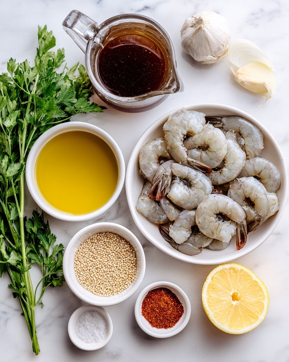A white bowl filled with raw shrimp that are grayish with slightly translucent tones sits on the right side of a white marbled surface. Above it are two light beige garlic cloves. Towards the top left is a clear glass jug with dark brown vegetable stock. In the lower left section, a bunch of fresh green parsley is placed next to a small white bowl of olive oil, golden yellow in color. Below that is a white bowl filled with small round quinoa grains, light beige and white in color. Near the quinoa are small white bowls containing salt, reddish chili powder, and a half of a lemon with a yellow peel and pale yellow inside. Finally, there's a halved onion with creamy light yellow layers near the bottom right. The whole scene looks clean and arranged in a flat lay style on the white marbled surface. photo taken with an iphone --ar 4:5 --v 7
