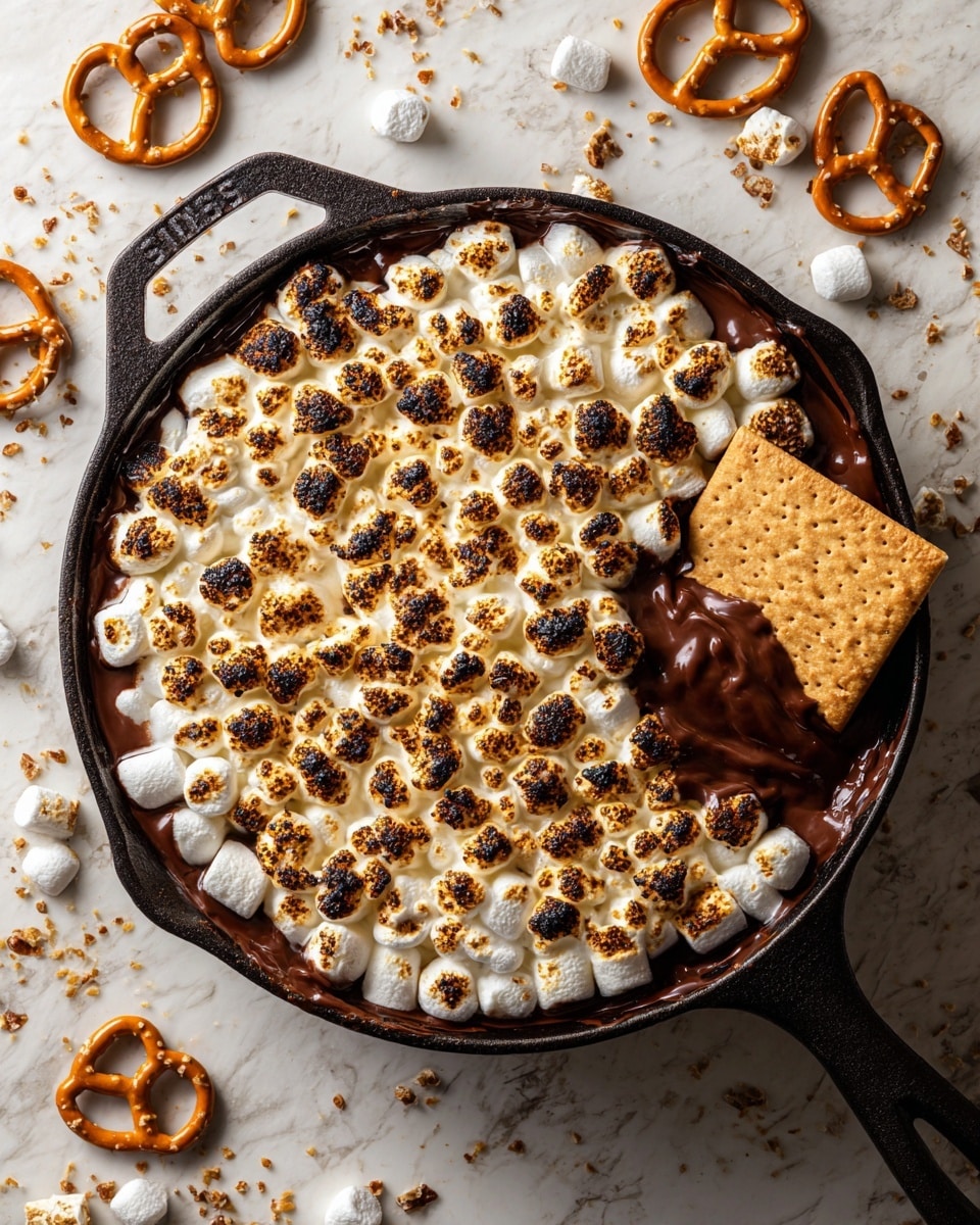 A round black cast iron pan holds a single layer of golden brown toasted marshmallows, which have a smooth, bubbly, and slightly charred texture on top, with some darker brown and black spots scattered across. The marshmallows are puffy and tightly packed within the pan, sitting on a melted white base underneath. Surrounding the pan on a white marbled surface are light brown rectangular graham crackers on the left and bottom left, small round vanilla wafer cookies at the bottom right, and some pretzels both inside a white bowl and loose near the top right. The overall tone is warm and inviting, with a mix of soft and crunchy textures. Photo taken with an iphone --ar 4:5 --v 7