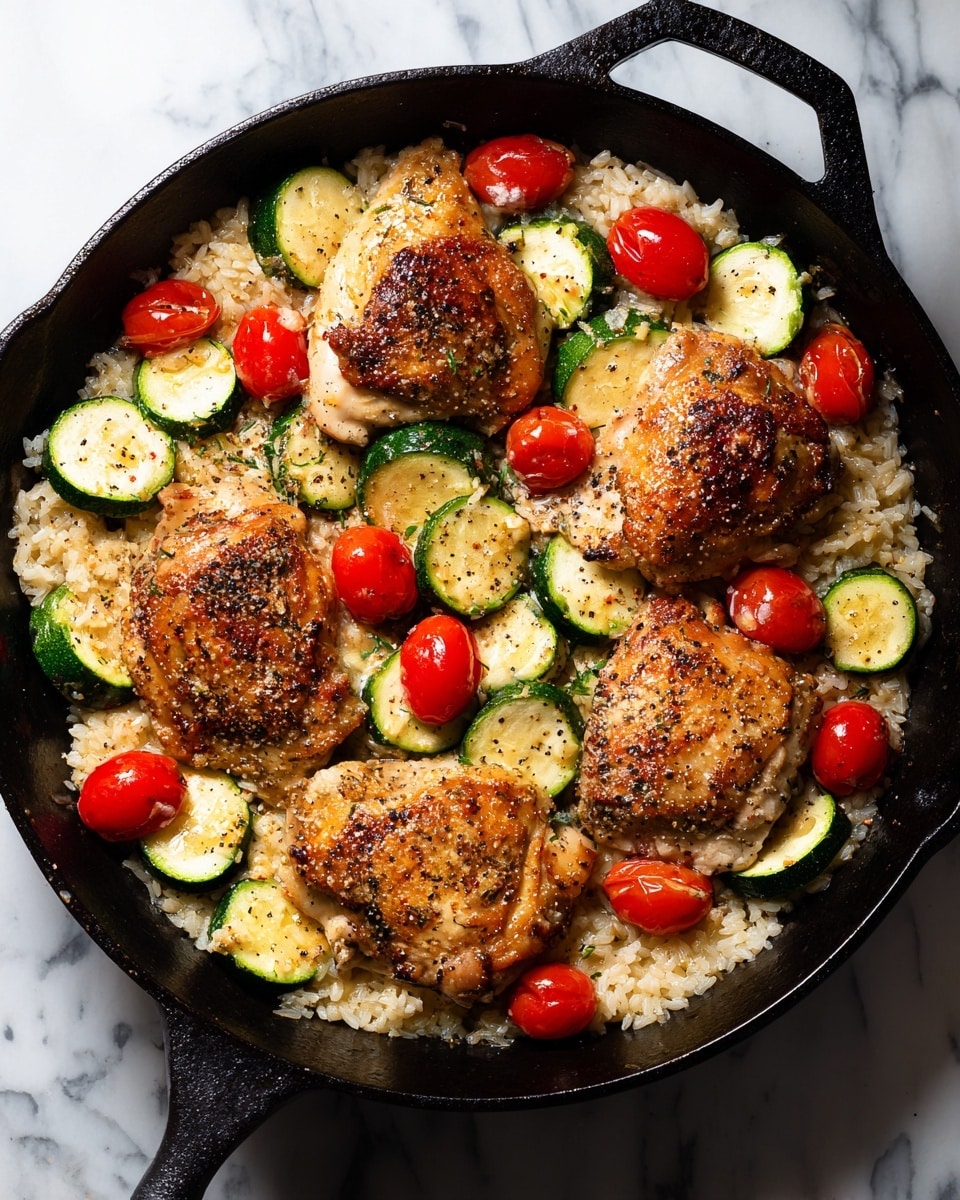 A black cast iron pan sits on a stove with a dish inside showing four cooked chicken pieces, light brown with specks of seasoning on top. The chicken pieces rest on a base layer of creamy, light beige rice that fills the pan. Around and between the chicken pieces are layers of green zucchini slices and bright red cherry tomatoes. The zucchini slices are scattered evenly, some on the rice and others slightly leaning against the chicken, while the cherry tomatoes add pops of color throughout. The whole dish looks warm and seasoned, with small black pepper flakes visible on vegetables and chicken. The background surface is a white marbled texture. photo taken with an iphone --ar 4:5 --v 7