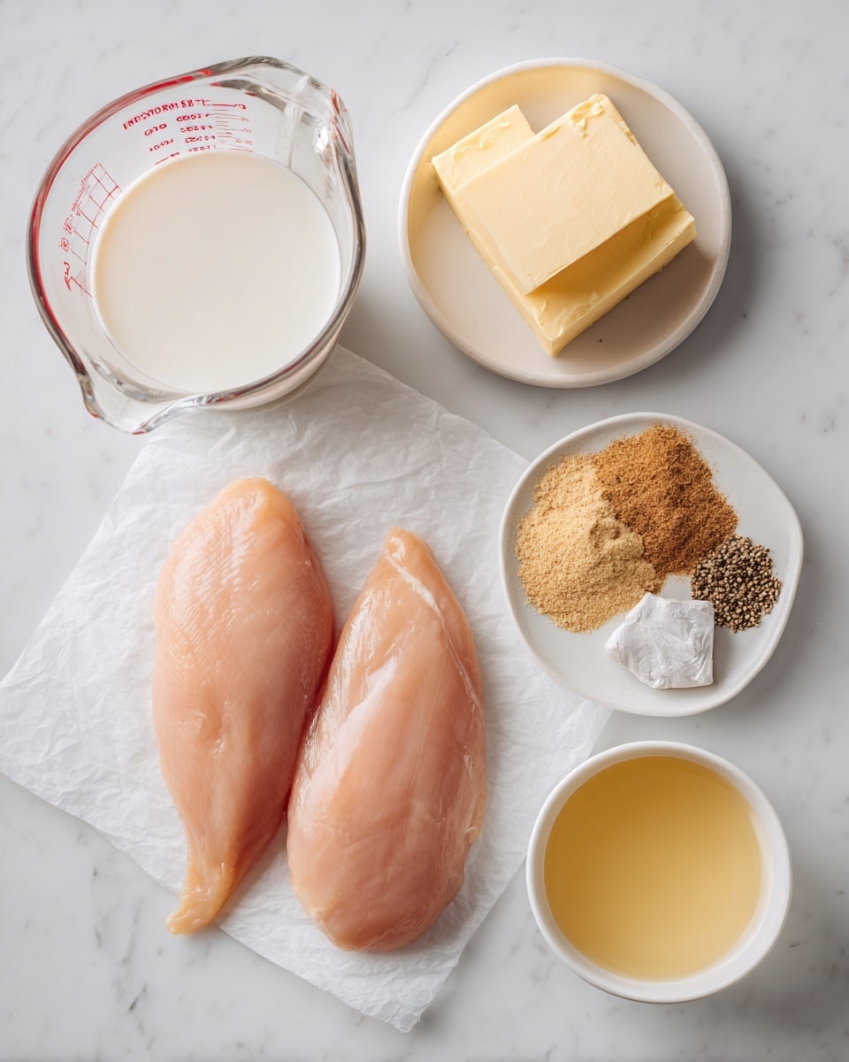 Two raw pale pink chicken fillets lie side by side on a piece of white parchment paper at the center of a white marbled surface. Above the fillets and slightly to the left is a clear glass measuring cup filled with white milk, showing red measurement lines on the side. To the right of the milk cup, a small white round plate holds a large mound of light brown dry spice powder, a smaller pile of darker ground black pepper, and a beige foil-wrapped cube of bouillon. Above the fillets and to the right, a white bowl contains two rectangular pieces of pale yellow butter. To the right of the butter bowl, a clear glass measuring cup filled with light golden-yellow broth complete the arrangement. Each item is neatly spaced on the white marbled surface. photo taken with an iphone --ar 4:5 --v 7