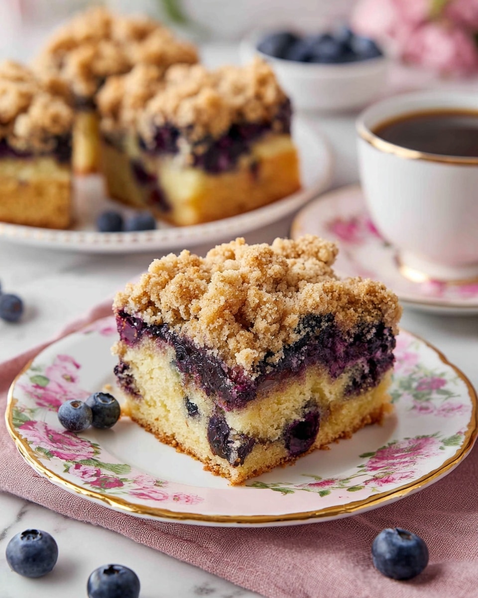 The image shows a thick square slice of crumb-topped blueberry cake on a white plate decorated with pink floral patterns and a gold rim. The cake has three clear layers: a golden brown crumb topping with a rough texture, a pale yellow cake layer dotted with juicy dark blue and purple blueberries, and a slightly darker golden bottom crust. In the background, there is a white plate with more cake slices, also showing the blueberry-studded middle layer and crumbly topping. The setting includes a soft pink cloth under the plate and a white cup with black coffee on a white marbled surface, with a few fresh blueberries scattered nearby. photo taken with an iphone --ar 4:5 --v 7