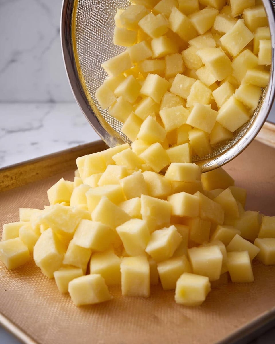 A close-up image shows many pale yellow potato cubes being poured from a large silver metal colander onto a light brown baking sheet. The potato cubes have a smooth and soft texture, and they fill the lower part of the baking sheet as they fall in a loose pile. The background is a white marbled surface. photo taken with an iphone --ar 4:5 --v 7