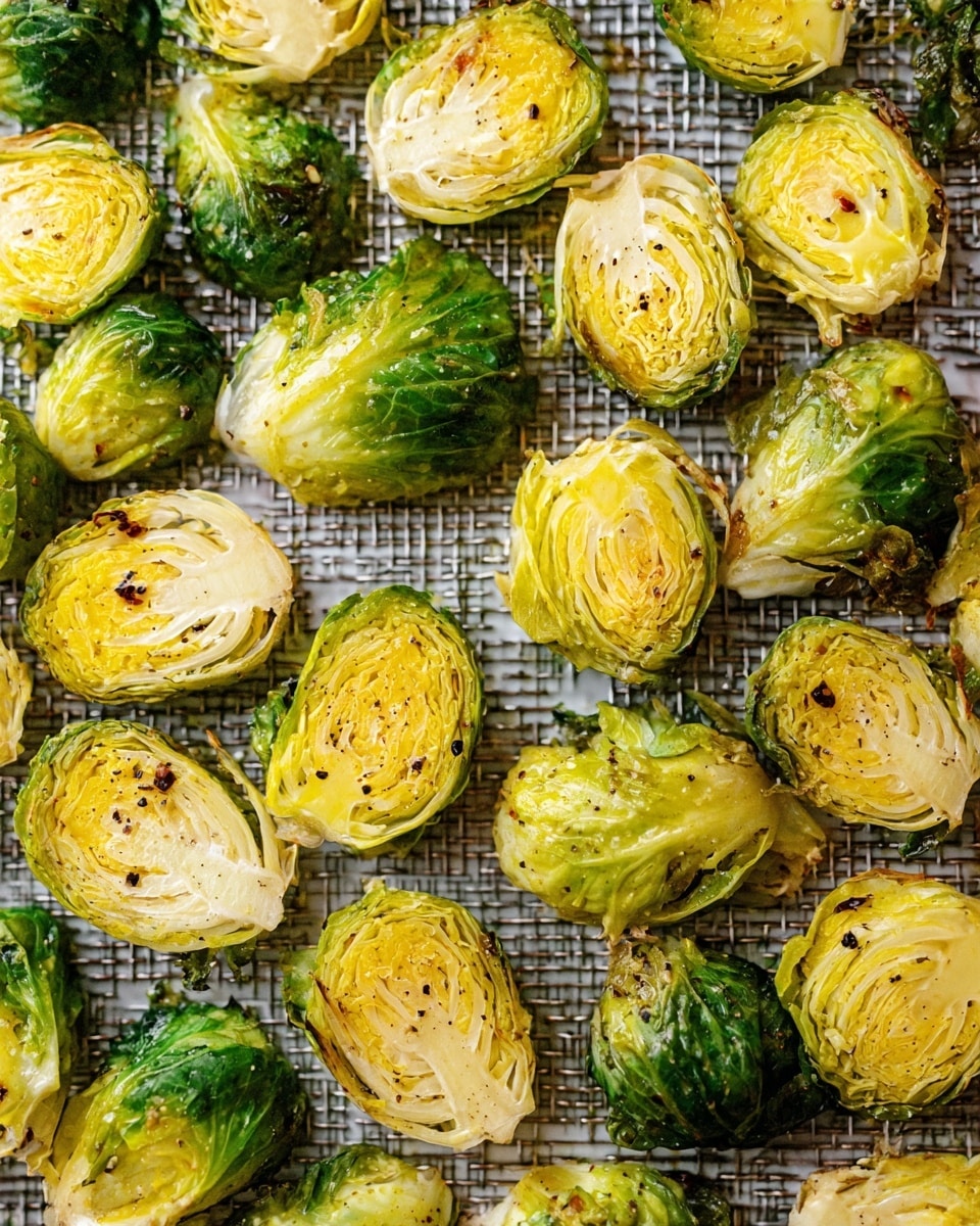 Roasted Brussels sprouts are arranged on a metal mesh rack with a white marbled background underneath. Each Brussels sprout is halved, showing the yellowish-green layers inside with some light browning from roasting. The outer leaves remain a deeper green with a slightly crispy texture. There are visible small black pepper flakes scattered over the surface of the Brussels sprouts, adding tiny dark specks. The texture looks soft inside but slightly crisp outside from roasting. photo taken with an iphone --ar 4:5 --v 7