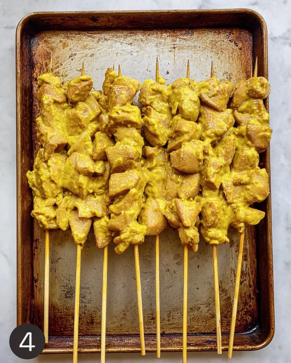 The image shows several wooden skewers lined up side by side on a baking tray. Each skewer is loaded with chunks of light brown marinated chicken, covered in a creamy yellow sauce. The chicken pieces are irregularly shaped and packed closely together, forming a thick layer on top of the skewers. The baking tray has a worn metal surface with patches of discoloration. The background under the tray is a white marbled texture. photo taken with an iphone --ar 4:5 --v 7