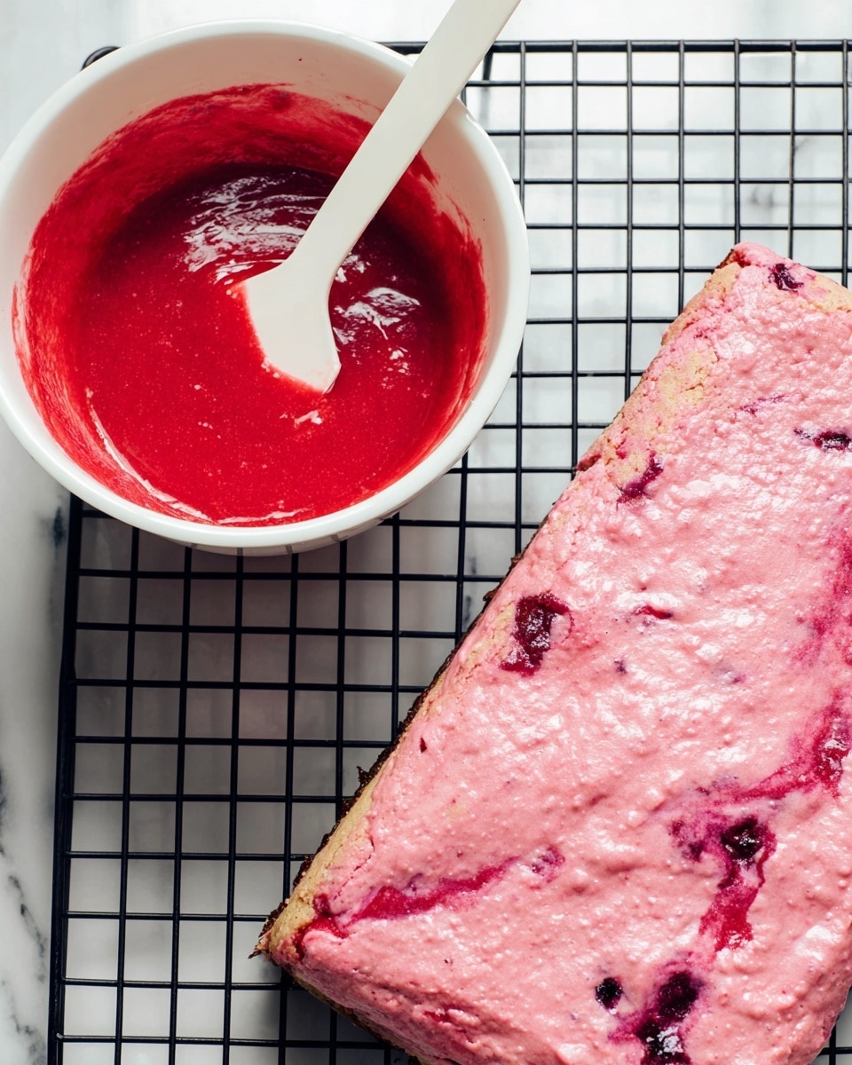 A white bowl filled with bright red smooth sauce, with a white spatula resting inside, placed on a black wire rack over a white marbled surface. Next to it, a rectangular block of mixed pink and purple swirled batter with darker purple spots is laid on the same rack. The batter shows a rough texture with some uneven edges and hints of fruit throughout. Photo taken with an iphone --ar 4:5 --v 7