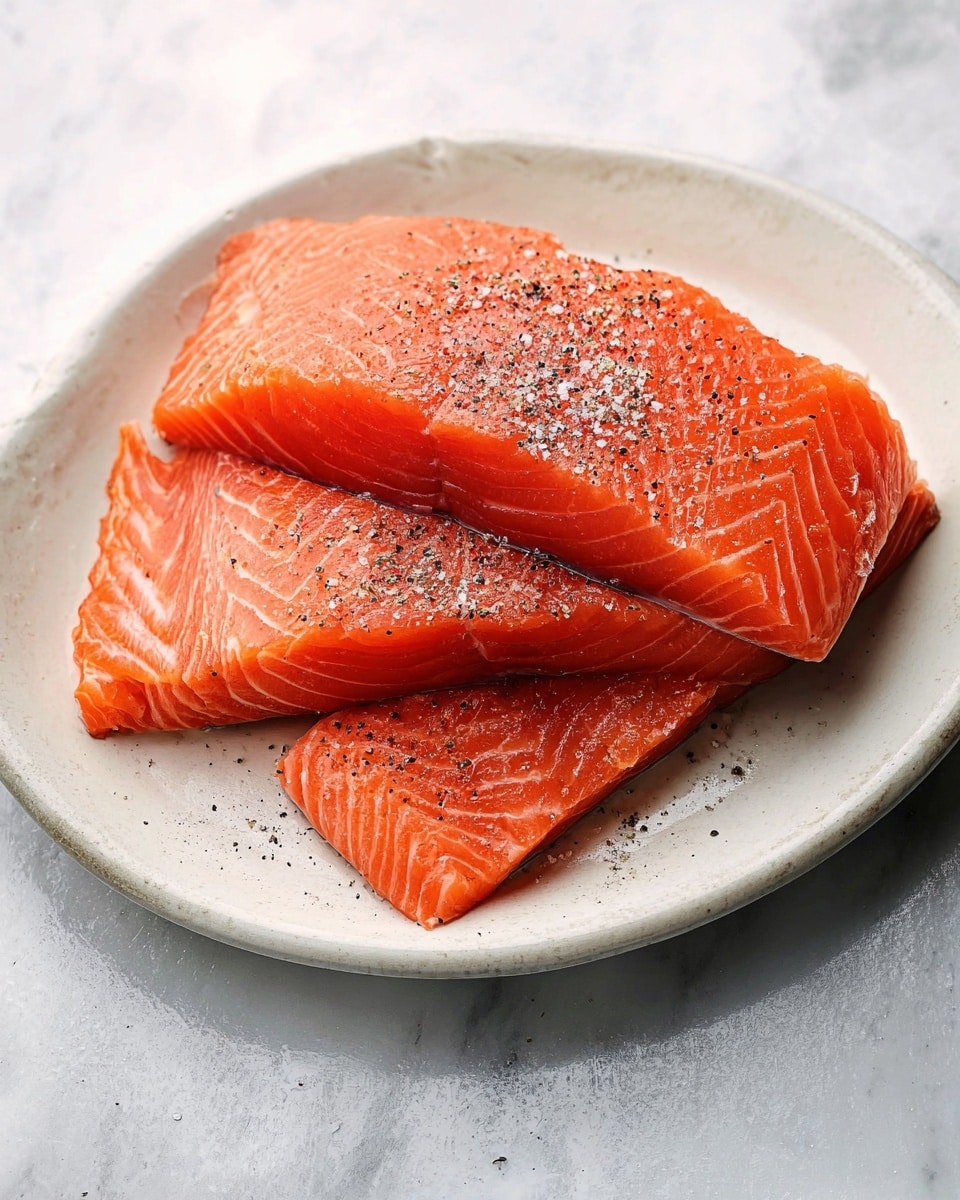 Three thick rectangular pieces of bright orange raw salmon with smooth, shiny surfaces and light white lines running through them are stacked unevenly on a white plate, with the top salmon slice sprinkled with coarse black pepper and salt. The plate rests on a white marbled textured surface. photo taken with an iphone --ar 4:5 --v 7