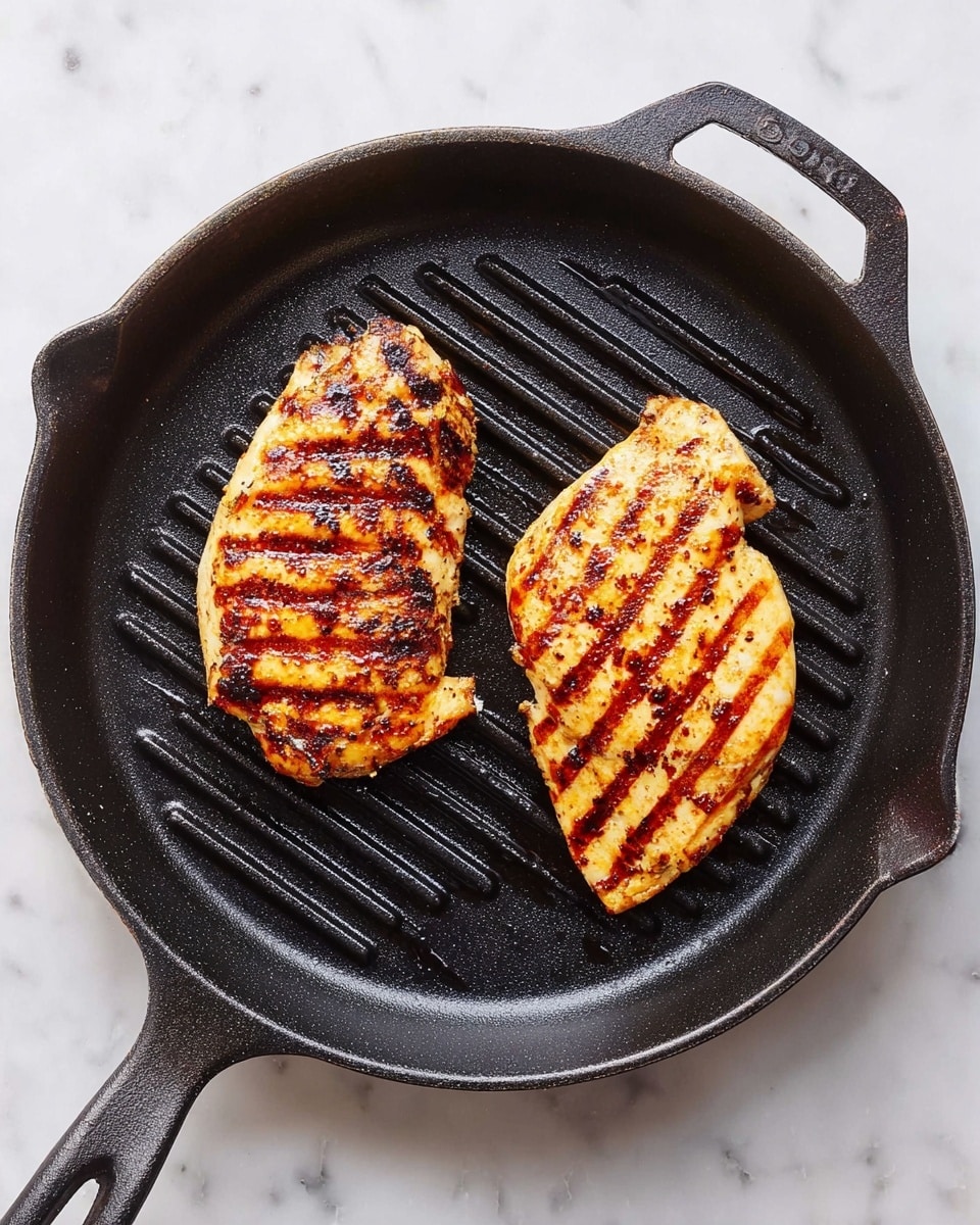 Two grilled chicken pieces with dark brown grill marks and a golden brown surface lie in a round black grill pan with ridges. The pan has a handle on the left and a small handle hole on the right. The pan sits on a white marbled surface that looks smooth and clean. The chicken pieces have a slightly charred texture and are placed side by side with space between them. Photo taken with an iphone --ar 4:5 --v 7
