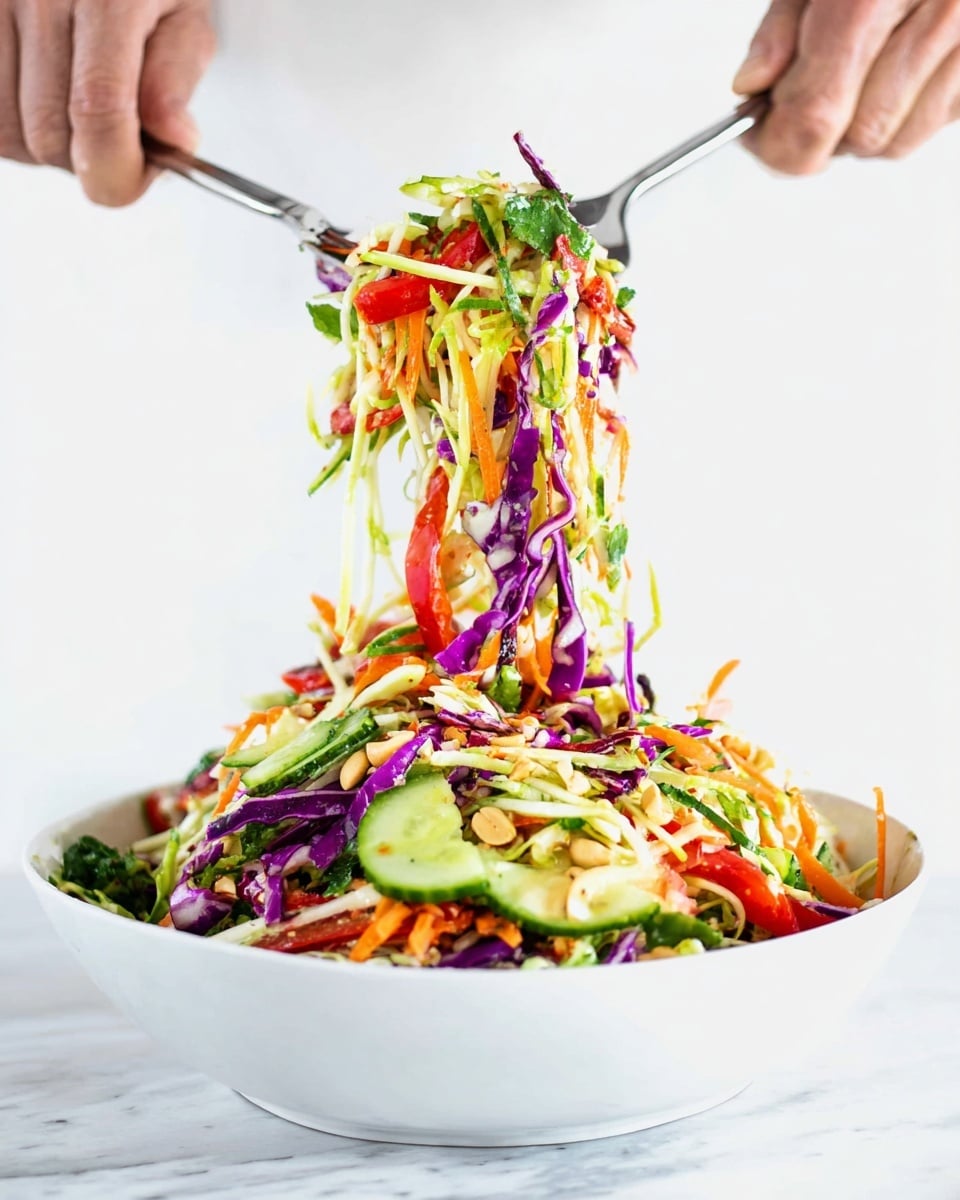 A white bowl filled with a colorful salad sits on a white marbled surface. The salad has many thin layers: shredded green cabbage, thin strips of purple cabbage, slices of green cucumber, orange carrot shreds, and bits of red bell pepper. There are also pieces of fresh herbs and some peanuts scattered throughout. Two forks held by a pair of hands lift a large mix from the bowl, showing the different colors and textures mingled together in mid-air. The background is a simple white, making the colors of the salad bright and fresh. Photo taken with an iphone --ar 4:5 --v 7