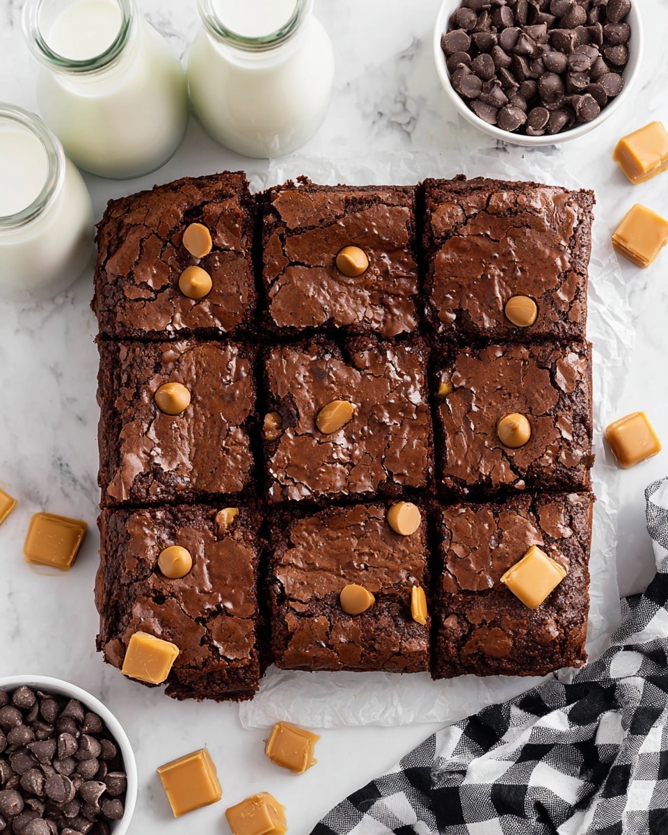 A square chocolate brownie is cut into nine equal pieces arranged in a 3x3 grid, with a cracked, shiny dark brown top and a dense, slightly uneven texture showing through the cracks. Scattered across the top and around the brownie are smooth, glossy chocolate chips and small caramel squares in pale brown tones. The brownie sits on white parchment paper placed on a white marbled surface. Nearby, there are two glass bottles filled with white milk and a white bowl filled with more chocolate chips. A black and white checkered cloth is partially visible beside the brownie. photo taken with an iphone --ar 4:5 --v 7