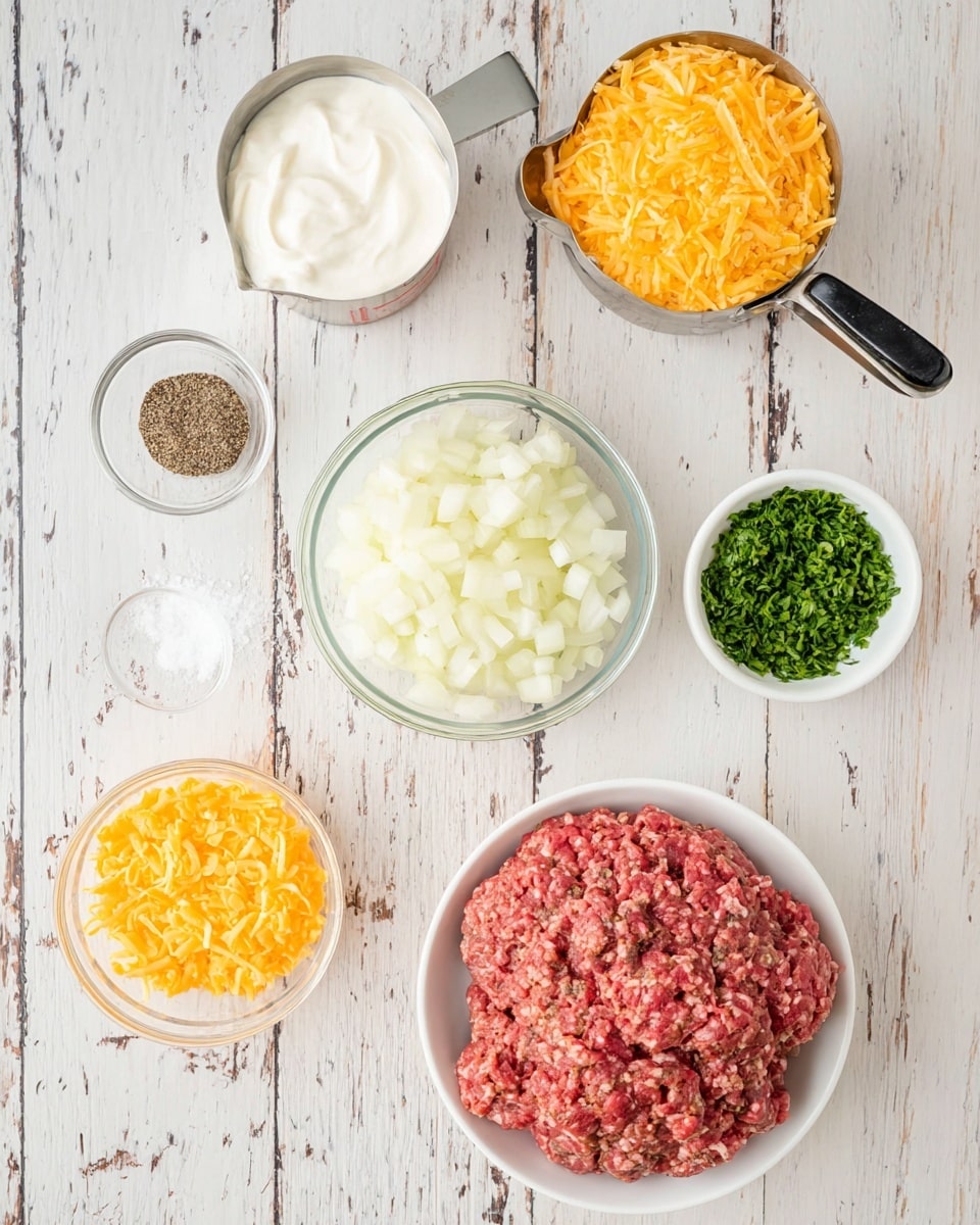 A top view of six bowls and measuring cup with cooking ingredients on a white marbled wooden surface. On the bottom right, a large white bowl filled with raw ground beef shows a mix of red and brown colors with a soft texture. Above it, a clear glass bowl holds diced white onions with a firm, chunky texture. To the left of the onions, a metal measuring cup is filled with thick white sour cream. Above the sour cream, a small white bowl contains black pepper powder with a fine, grainy texture. To the right and a little above, a small white bowl holds chopped fresh green herbs, finely textured. At the top right, a clear measuring cup with a black handle is filled with bright orange shredded cheese, finely shredded with a rough texture. To the left top corner, a small white bowl holds minced pale yellow garlic. Photo taken with an iphone --ar 4:5 --v 7