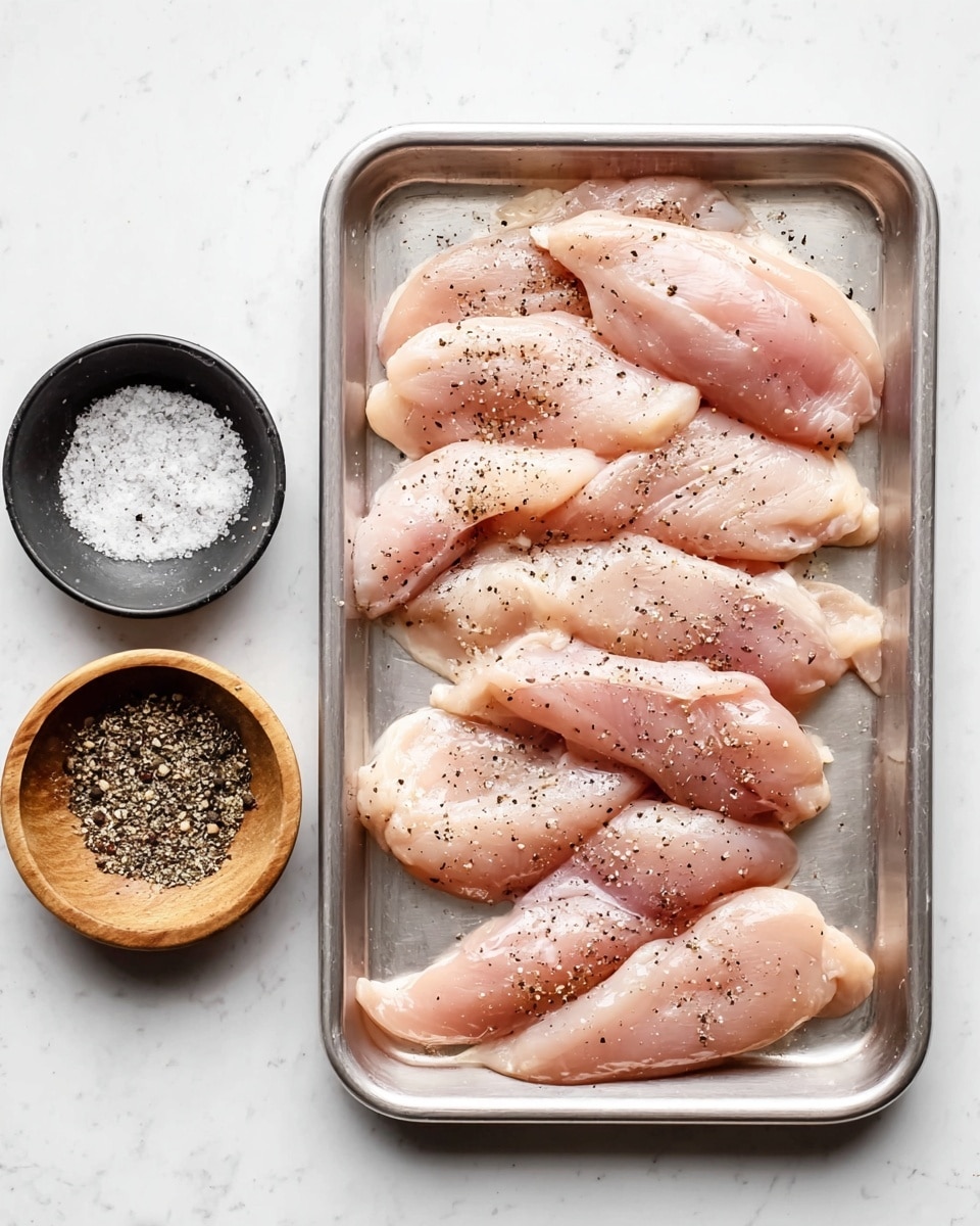 Crispy Homemade Chicken Tenders with Dipping Sauces Recipe 5 The image shows a silver metal tray filled with 14 raw light pink chicken fillets spread out in mostly single layers, each sprinkled with coarse black pepper and a little salt. The tray sits on a white marbled surface. On the left side of the tray, there are two small round bowls, one black with coarse white salt inside and the other a light wooden bowl filled with cracked black pepper. The scene is simple with a bright and clean look. Photo taken with an iphone --ar 4:5 --v 7