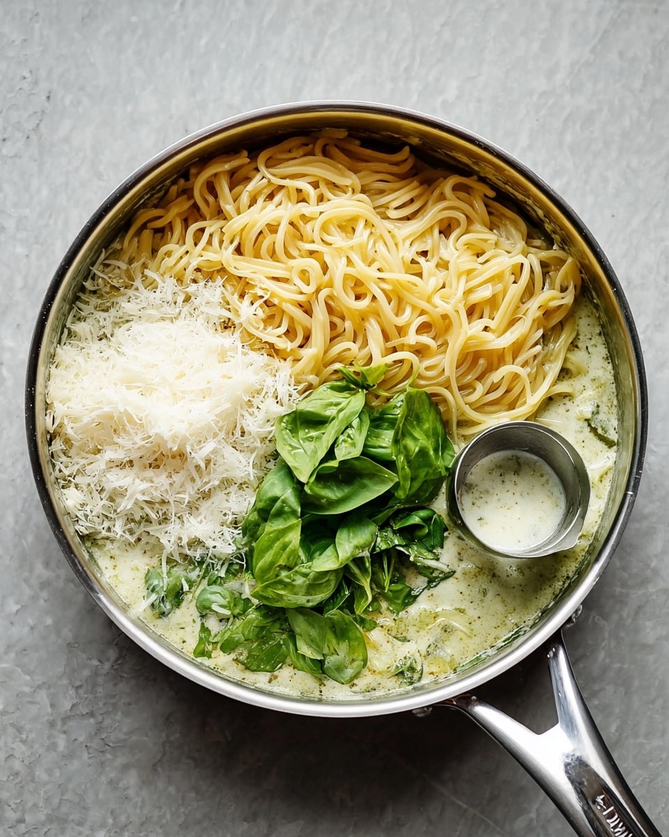 A round stainless steel pan holds a dish with four visible layers. On the left side is a layer of twisted pale yellow pasta strands. Above the pasta, in the upper left part of the pan, there is a fluffy white grated cheese layer that looks light and soft. To the right of the cheese, fresh green basil leaves add a bright, leafy touch on top. Covering the bottom and right side of the pan is a creamy, light green sauce with a slightly chunky texture. A small shiny metal measuring cup with some water sits on the bottom right edge of the pan. The pan and ingredients rest on a white marbled surface. Photo taken with an iphone --ar 4:5 --v 7