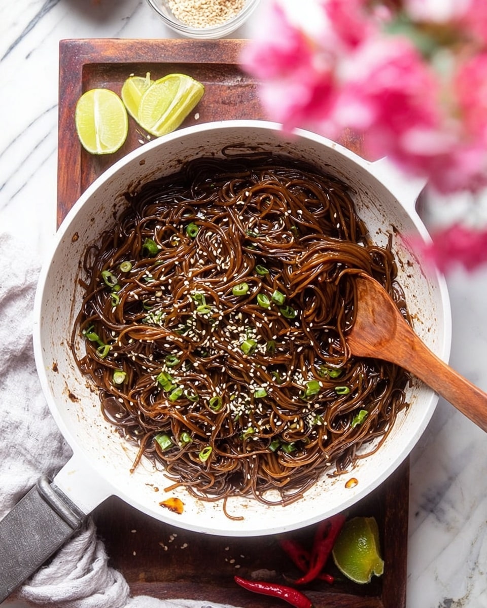 A white pan filled with glossy, dark brown noodles mixed with small green onion pieces and sesame seeds scattered on top. A wooden spoon is placed inside the pan, coated with the dark sauce and noodles. The pan is on a dark wooden board, with lime wedges, red chili peppers, and a light gray cloth beside it. Pink flowers blur softly in the background, and the whole scene is on a white marbled surface photo taken with an iphone --ar 4:5 --v 7