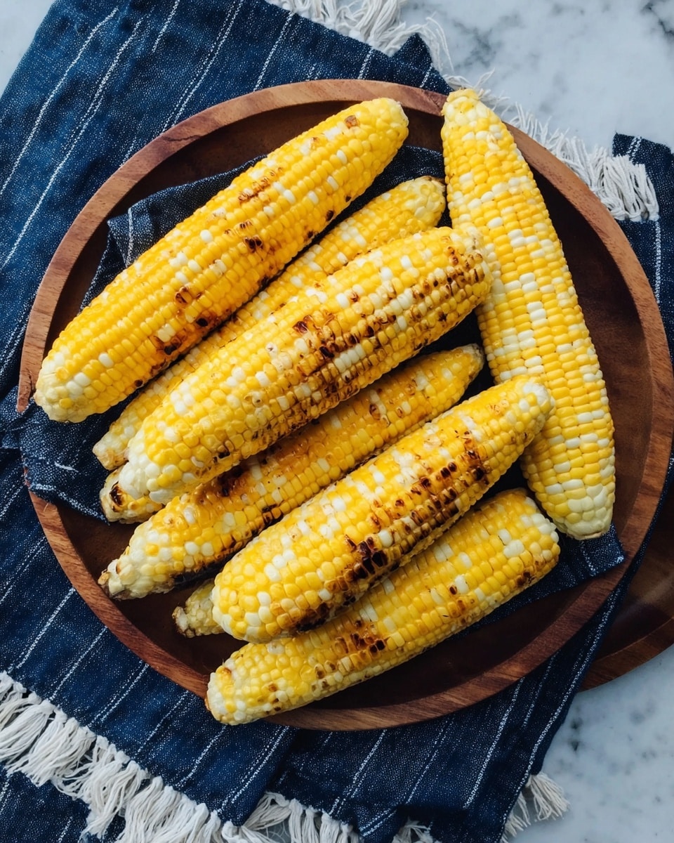 A round wooden tray holds eight grilled corn ears with bright yellow and pale white kernels, each ear showing small brown toasted spots. The corn is arranged over a dark blue cloth with white stripes and fringe at the edges. The background is a white marbled surface, and the scene is lit with natural light that emphasizes the glossy texture of the grilled corn. Photo taken with an iphone --ar 4:5 --v 7