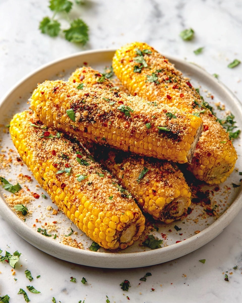 Four corn cobs are placed on a round white plate, each with a layer of golden yellow kernels showing through. The corn is covered with a textured coating of light brown crumbs and sprinkled with small green herb leaves and red spices. There are light char marks on the corn, giving a slightly blackened texture over the crumbs. The plate rests on a white marbled surface, and some scattered herbs and crumbs surround the corn for a natural look. photo taken with an iphone --ar 4:5 --v 7