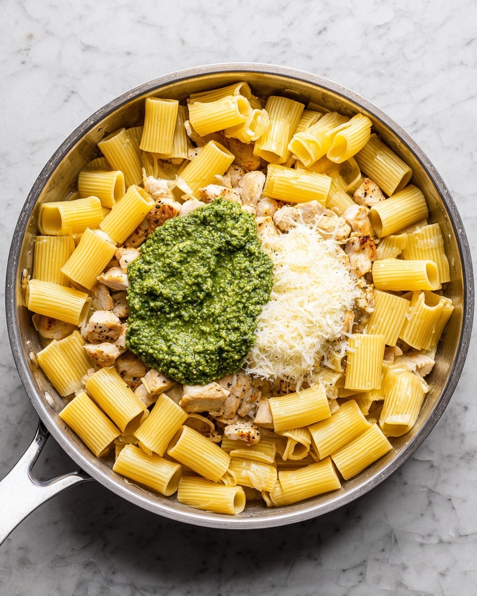 A large silver pan placed on a white marbled surface is filled with three main layers. The bottom layer shows pieces of cooked chicken with a light brown, slightly speckled texture. On top of this is a thick layer of cooked rigatoni pasta, which is pale yellow and hollow with ridges around the surface. In the center of the pasta, there is a small pile of grated pale cheese and a dollop of thick, bright green pesto sauce mixed with a bit of white creamy sauce. The overall look is a mix of warm yellows and green on the silver pan, with a simple and clean background. photo taken with an iphone --ar 4:5 --v 7