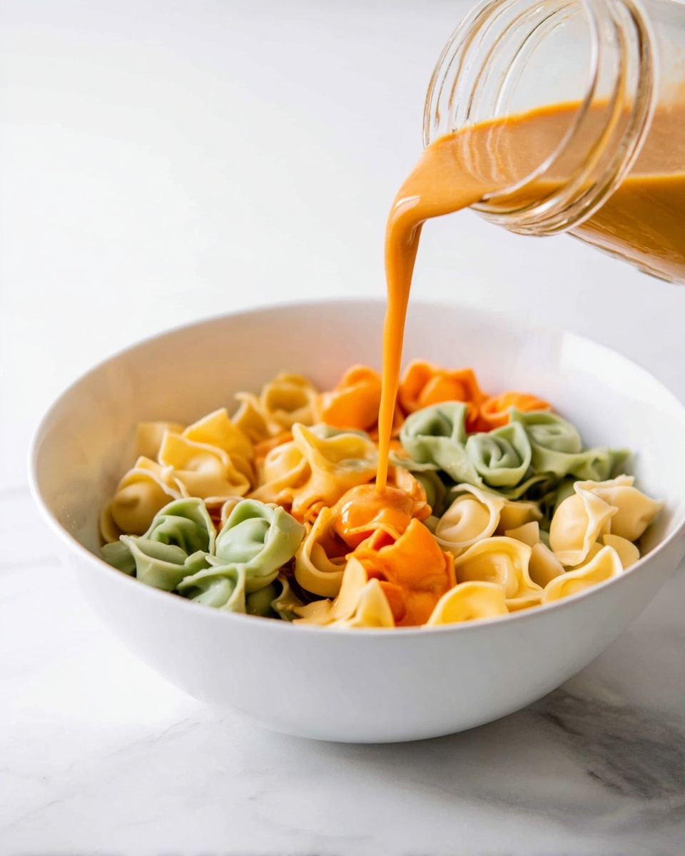 A white bowl filled with three-color tortellini pasta in orange, green, and light beige layers, with a smooth orange sauce being poured gently over the top from a clear glass jar held from the side above the bowl, all set on a white marbled surface. photo taken with an iphone --ar 4:5 --v 7