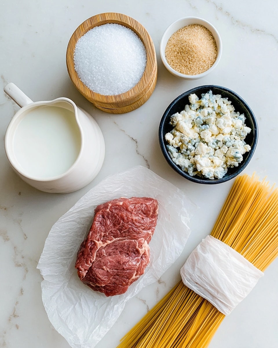 The image shows six cooking ingredients placed on a white marbled surface. In the top center, there is a small round wooden container with a bamboo lid, filled with coarse white salt. To the right of it, a small white bowl holds light brown sugar. Below, slightly right, there is a small black bowl filled with crumbly white and light blue cheese. To the right center, a bunch of uncooked yellow spaghetti sticks wrapped in white cloth lies horizontally. At the bottom left, a white ceramic pitcher filled with white milk sits beside the spaghetti. On the left side, a raw piece of red meat with slight marbling is placed on a piece of clear wax paper. Photo taken with an iphone --ar 4:5 --v 7