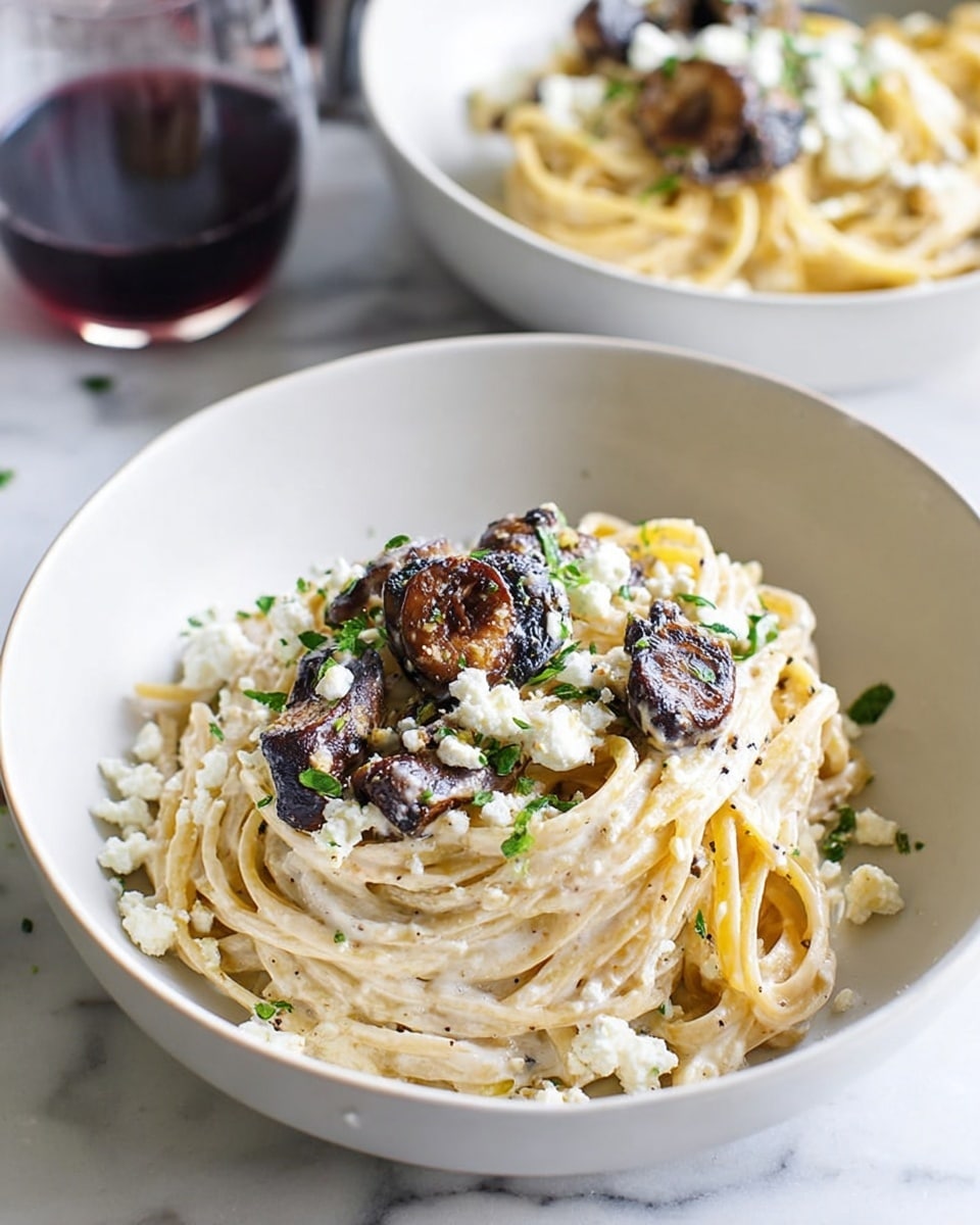 A white bowl filled with a nest of creamy white pasta layers placed in the center, topped with dark brown sautéed mushroom pieces scattered around the pasta. White crumbled cheese is sprinkled generously over the pasta and mushrooms, with small green herb bits spread evenly on top for color contrast. The bowl is set on a surface with a white marbled texture, next to a glass of dark red wine and shiny gold spoon and fork placed on a dark striped cloth. Photo taken with an iphone --ar 4:5 --v 7
