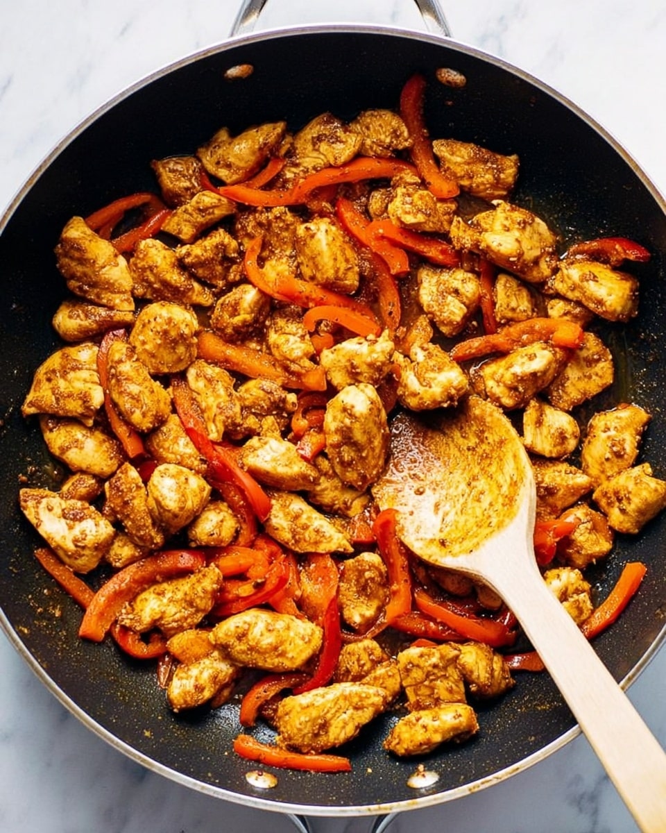 A top view of a black pan filled with cooked small pieces of chicken and strips of red bell pepper mixed evenly. The chicken pieces are golden brown with a textured seasoning coating, while the red pepper strips add a bright contrast. A wooden spoon rests inside the pan, partially covered with sauce from the cooked ingredients. The pan is set on a white marbled surface. photo taken with an iphone --ar 4:5 --v 7
