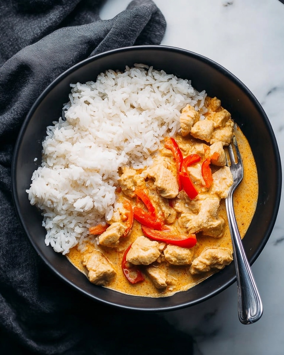 A black round bowl holds a dish with two main layers: on the left side is white steamed rice with fluffy, separated grains, and on the right side is a creamy, orange-yellow curry with chunks of light-colored chicken and thin slices of red bell pepper scattered on top. A silver fork rests on the curry side inside the bowl. The bowl is placed on a white marbled surface with a dark gray cloth nearby. Photo taken with an iphone --ar 4:5 --v 7
