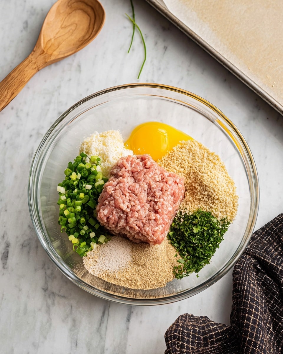 A clear glass bowl sits on a white marbled surface, filled with five main layers: a square mound of raw light pink ground meat in the center; to the top right, a pile of light beige breadcrumbs; to the right side, a raw yellow egg yolk; on the bottom right, small chopped fresh green herbs; on the bottom left, a pile of chopped green onions; small heaps of light brown and white seasoning powders sit on top of the meat mound; in the background, a silver baking sheet with parchment paper is visible, alongside a dark checkered cloth and a wooden spoon on the white marbled surface. photo taken with an iphone --ar 4:5 --v 7