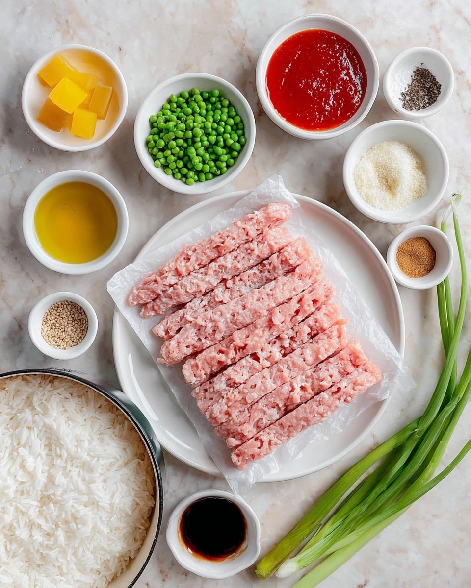 The image shows a flat white plate with a sheet of white parchment on top holding several strips of ground light pink meat lined up side by side in the center. Around the plate, there are small white bowls and measuring cups filled with different ingredients: finely chopped white onions, a yellow jelly-like cube, bright red sauce, pale yellow oil, frozen green peas, brown sugar, sesame seeds, and a mix of spices including white powder and small dark flakes. On the right, there are three fresh green onions laid diagonally. In the bottom left corner, part of a white pot with cooked white rice is visible. The whole scene is set on a white marbled surface. photo taken with an iphone --ar 4:5 --v 7