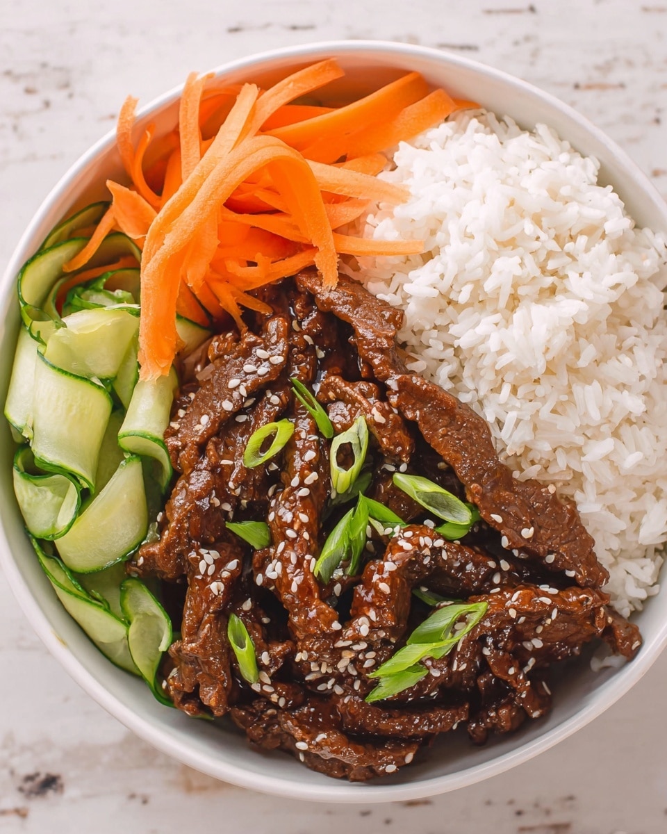 A white bowl is filled with three main layers arranged side by side. On the left side, thin, curled light green cucumber ribbons are neatly stacked, showing a fresh and crisp texture. Next to the cucumber, there is a large portion of dark brown beef strips covered in a shiny sauce with sprinkled white sesame seeds and small green scallion pieces on top. On the right side, thin orange carrot ribbons curl softly over a fluffy layer of white rice, creating a fresh and colorful contrast. The bowl sits on a white marbled surface. Photo taken with an iphone --ar 4:5 --v 7