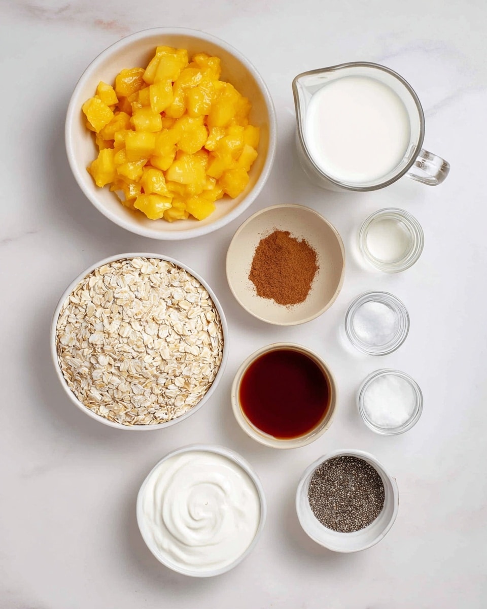 The image shows several ingredients placed on a white marbled surface, arranged neatly from top to bottom and left to right. There is a large round white bowl filled with yellow cooked peach chunks, next to it a small light beige dish with brown cinnamon powder. To the right, there is a clear glass measuring jug filled with white milk, below it a small beige bowl with dark red syrup. Below the peach bowl is another white bowl filled with light beige rolled oats, close to a small white bowl with small black chia seeds. There is also a swirl of thick white yogurt in a white bowl, a small beige bowl with a pinch of salt, and from bottom to top three small transparent glass containers holding light and dark liquid ingredients. The overall look is clean, simple, and organized, with a light bright color palette. Photo taken with an iphone --ar 4:5 --v 7