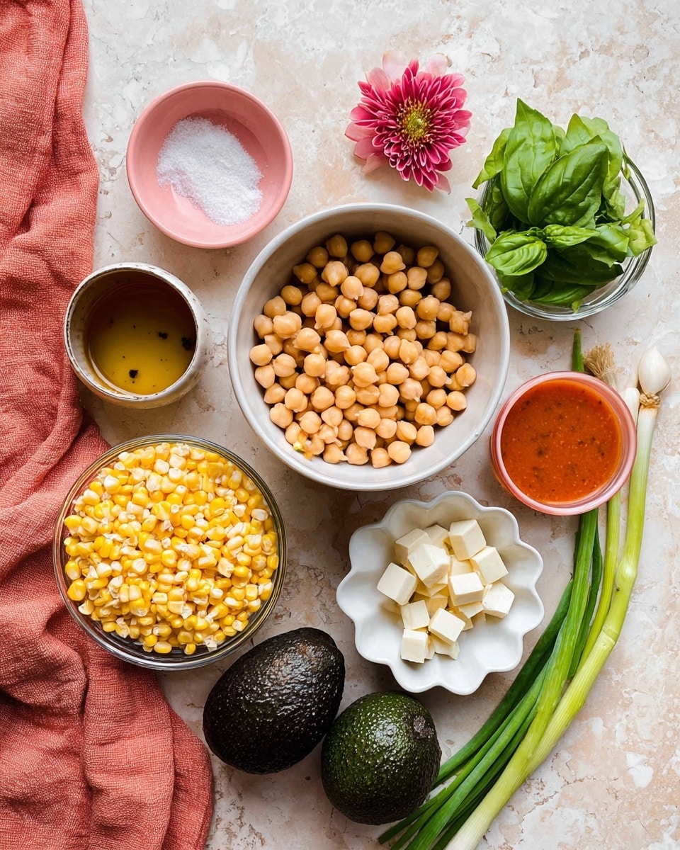 The image shows an overhead view of ingredients placed on a white marbled surface. In the center, there is a white bowl filled with light brown chickpeas. To its lower left, a clear glass bowl holds bright yellow corn kernels. Below and to the right of the chickpeas, a white scalloped bowl contains small white cheese cubes. There are two dark green avocados placed side by side at the bottom center. To the left, a bunch of green onions with long green stalks and white bulbs lies horizontally. Above the corn, a small pink flower-shaped dish holds white coarse salt, next to a small white bowl filled with fresh bright green basil leaves to the right of the avocados. There are two small pink bowls, one above the chickpeas filled with a brown liquid and another below the avocados with an orange-red sauce. A coral-colored cloth partially enters from the left edge. Photo taken with an iphone --ar 4:5 --v 7