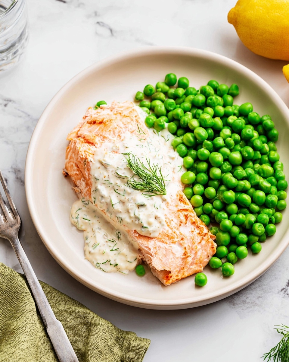 A white plate on a white marbled surface holds a serving of cooked salmon and green peas. The salmon is lightly pink and flaky with a creamy white sauce draped over its center, garnished with a small sprig of dill. The peas are bright green, round, and grouped tightly next to the salmon on the right side. The plate is simple and clean, with a slightly raised rim. In the corner of the image, a silver fork rests on the marble surface, and part of a green oven mitt and a yellow lemon are visible nearby. Photo taken with an iphone --ar 4:5 --v 7