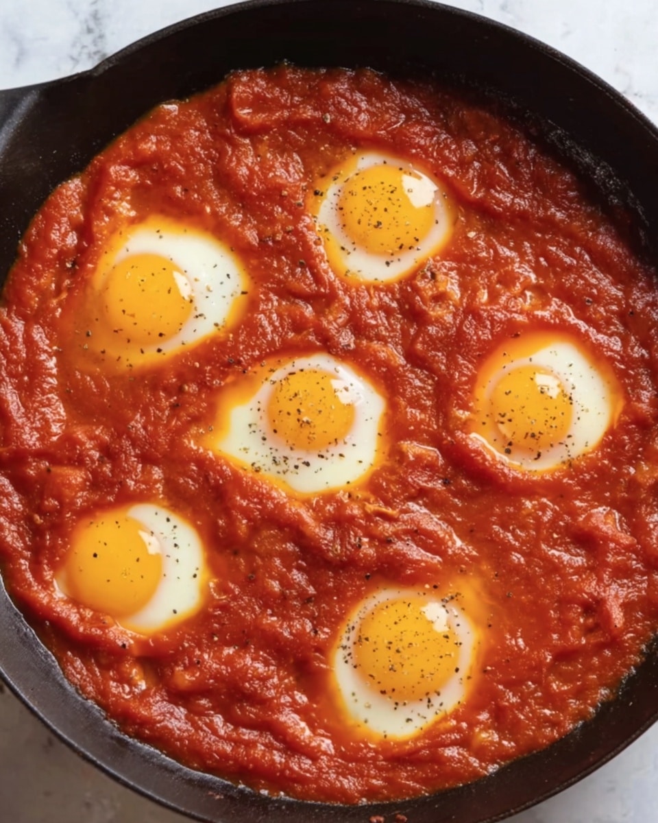 A black skillet filled with a thick, bright red tomato sauce as the base layer, bubbling slightly around five whole eggs that are cracked directly onto the sauce. Each egg has a smooth, round, yellow yolk surrounded by clear, slightly runny whites that blend lightly into the sauce edges. The sauce texture is chunky with visible bits of tomato, and there is a sprinkling of black pepper on the eggs. The skillet rests on a white marbled surface. photo taken with an iphone --ar 4:5 --v 7