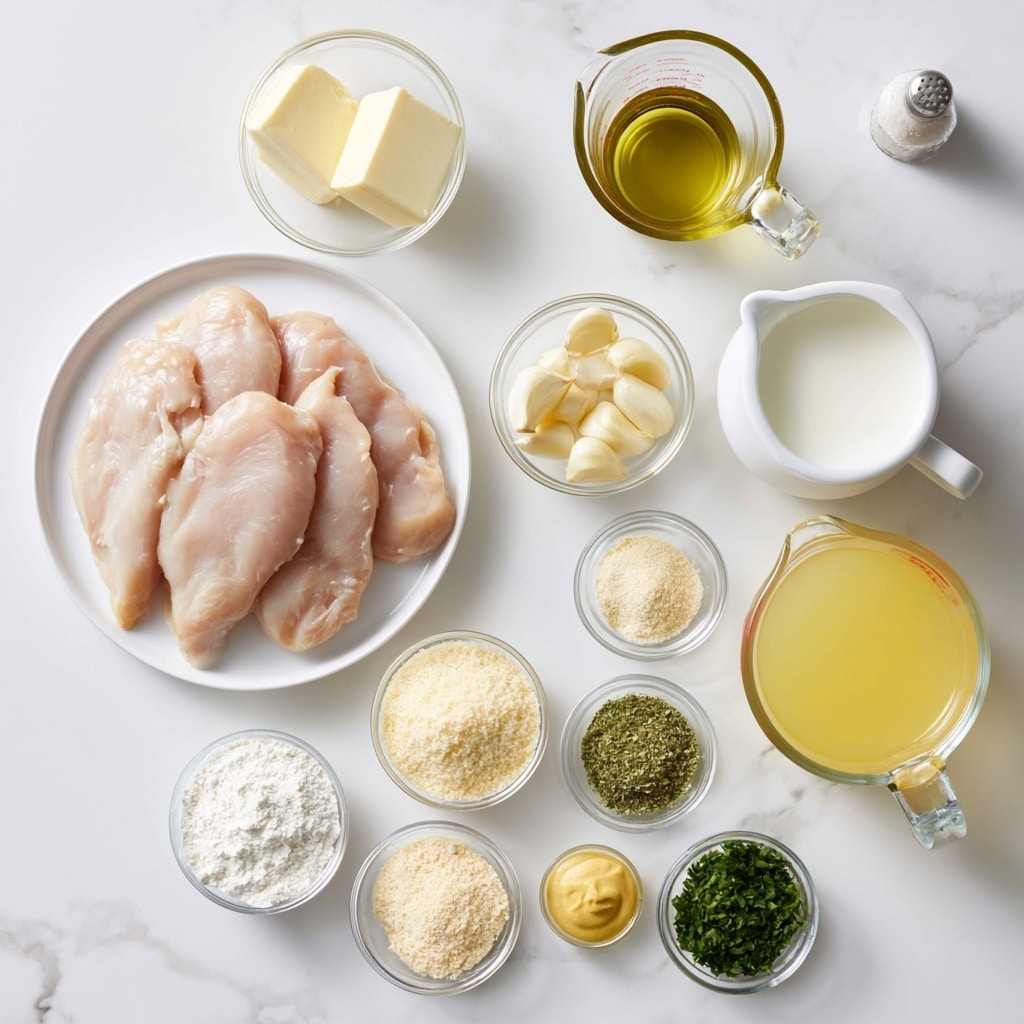 The image shows an overhead view of various ingredients neatly arranged on a white marbled surface. On the left, a stack of raw chicken cutlets with a pale pink color sit on a white plate. Just above the plate, two thick blocks of pale yellow butter are placed in a clear small bowl. To the right of the butter, a clear measuring cup holds light golden olive oil. Moving right, there is a small clear bowl filled with whole peeled garlic cloves, creamy white in color. Above it, a white pitcher contains smooth-heavy cream with a pale white tint. Next to the cream, a clear pouring jug holds yellow chicken stock. Below these, several small clear bowls show different dry ingredients: one has white flour, another holds grated pale yellow parmesan cheese, and another has a mix of green Italian seasoning herbs. Two smaller bowls contain light brown garlic & onion powder and a small dollop of yellow Dijon mustard. Another small bowl below holds finely chopped bright green parsley. There is also a small container for salt & pepper near the top right. The overall layout is clean, bright, and organized with each ingredient clearly visible. photo taken with an iphone --ar 4:5 --v 7