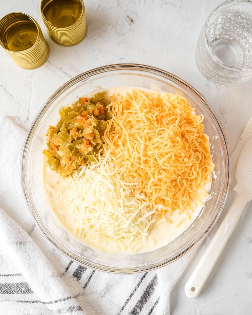 A clear glass bowl sits on a white marbled surface, filled with four distinct layers. The first layer is a light cream sauce spreading across the base. On the right side of the bowl, there is a mound of shredded orange cheese with thin, soft strands. Below it, on the left side, is a smaller pile of white shredded cheese with similar texture. On the upper left section, there is a chunky green and orange vegetable mixture with a thick, slightly wet texture. Nearby, two small empty yellow tin cans and clear measuring cups rest on the white marbled surface, along with a white cloth with gray stripes and a white spatula handle visible at corners. Photo taken with an iphone --ar 4:5 --v 7