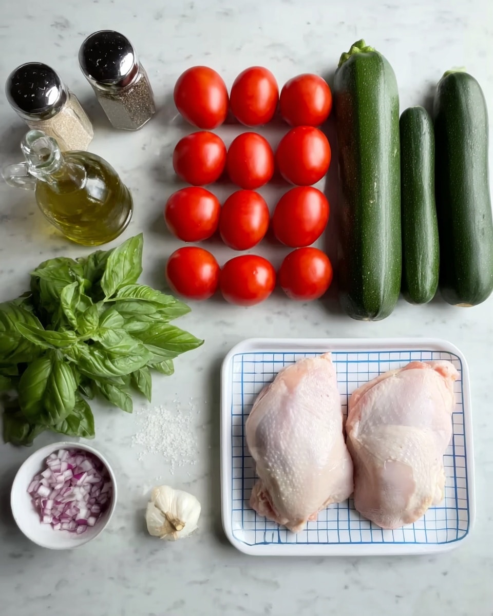 The image shows all the ingredients on a white marbled surface. In the middle, two raw chicken pieces lie on a white tray with a blue grid pattern. Above the chicken, there are six red tomatoes in two rows. To the right of the tomatoes, three green zucchinis are placed side by side. Near the zucchinis, a small white bowl holds chopped red onions, and next to it is a small heap of white salt and a few cloves of garlic. On the left side of the chicken, fresh green basil leaves are spread out. In the top left corner, there is a clear glass bottle of olive oil and two small jars with black and white lids for salt and pepper. The white marbled surface and all the fresh ingredients create a clean and colorful scene. photo taken with an iphone --ar 4:5 --v 7