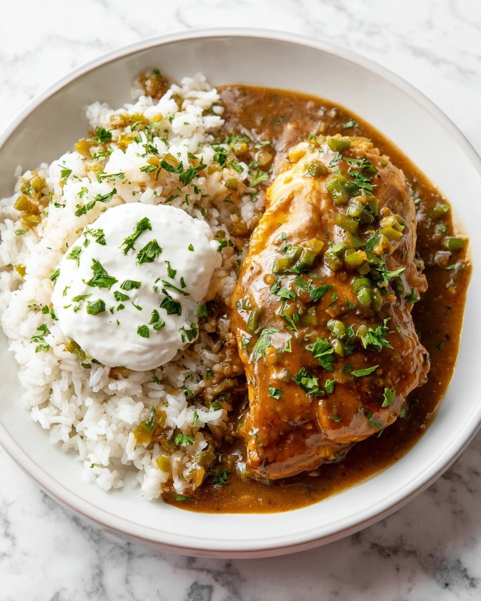 A white plate holds a serving of white rice on the left side mixed with a brown sauce that looks thick and glossy, topped with chopped green herbs and small green pepper pieces. On the right side, there is a piece of golden-brown cooked chicken, also covered with the same shiny brown sauce and sprinkled with fresh chopped green herbs. Above the chicken, there is a round dollop of white sour cream with a few green herb pieces on top. The plate is set on a white marbled surface. photo taken with an iphone --ar 4:5 --v 7