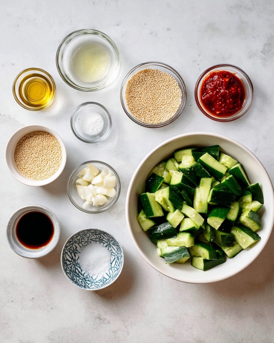 The image shows a white bowl filled with chopped green cucumbers with dark green skin and light green inside on the right side, set on a white marbled surface. To the left, there are eight small clear glass bowls and white bowls arranged neatly, holding various ingredients: light brown sesame seeds in a white bowl with blue patterns, a clear liquid, a golden liquid, a bright red chili sauce, white granulated salt, minced garlic, coarse white salt, and a dark soy sauce. The arrangement is clean and the colors of the ingredients contrast against the white marbled texture. Photo taken with an iphone --ar 4:5 --v 7
