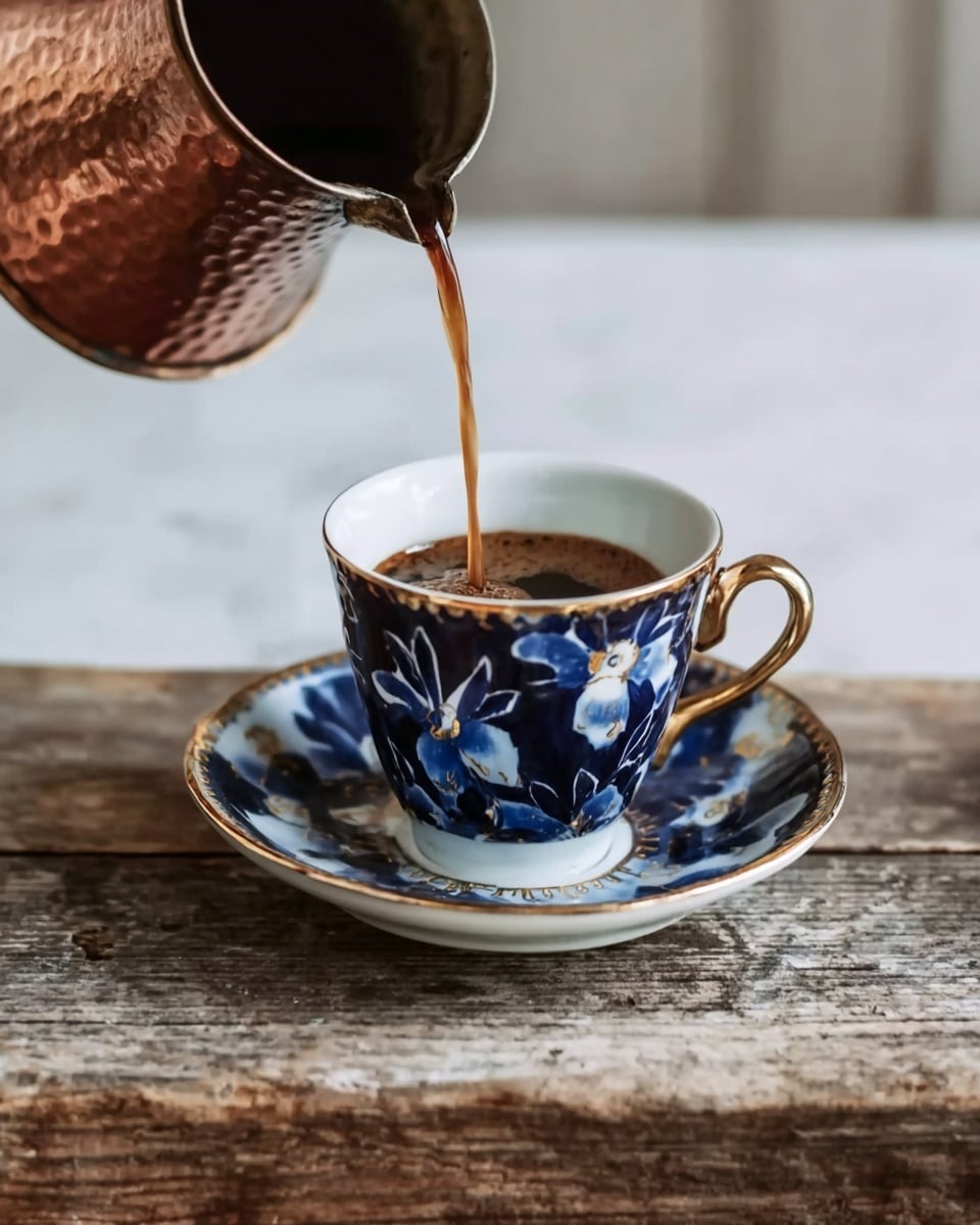 A small white cup with a dark blue floral pattern and a matching saucer, both featuring gold accents, sits on a rough wooden surface. Dark coffee is being poured from a hammered copper pot with a long handle into the cup, creating a smooth stream that flows from the spout. The cup is centered on the saucer, and the whole scene is set against a white marbled texture. photo taken with an iphone --ar 4:5 --v 7