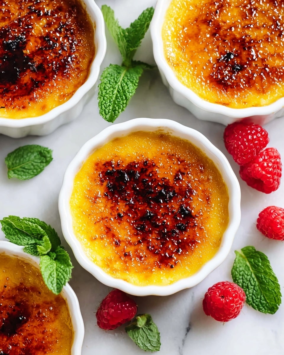 Four white fluted ramekins with a shiny, caramelized golden brown sugar top sit on a white marbled surface. The caramel layer shows slight cracking and dark spots from being torched, giving a textured crunchy look. Around the ramekins are fresh green mint leaves and bright red raspberries adding color contrast. The custard underneath the caramelized top has a smooth golden yellow color visible through the cracks. The image focuses on the desserts in close-up with soft natural light highlighting the glossy sugar layer and fresh garnishes. photo taken with an iphone --ar 4:5 --v 7