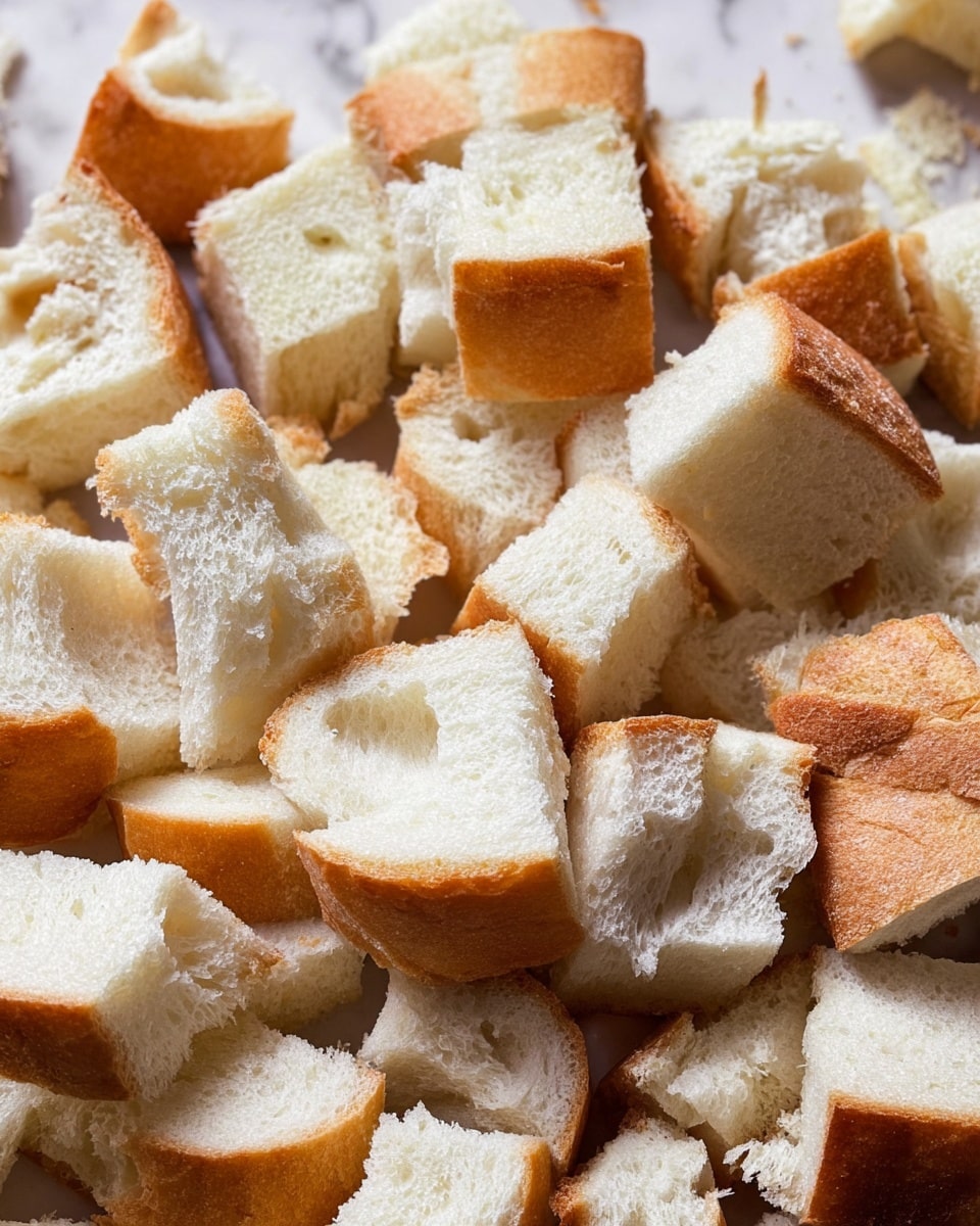 The image shows many pieces of white bread, broken or cut into different shapes and sizes. There are square and irregular pieces, mostly soft with a light brown crust around the edges. The bread looks fresh and fluffy, and they are spread out closely, covering the whole frame with no plate or bowl visible. The background has a white marbled texture visible at the edges under some crumbs photo taken with an iphone --ar 4:5 --v 7