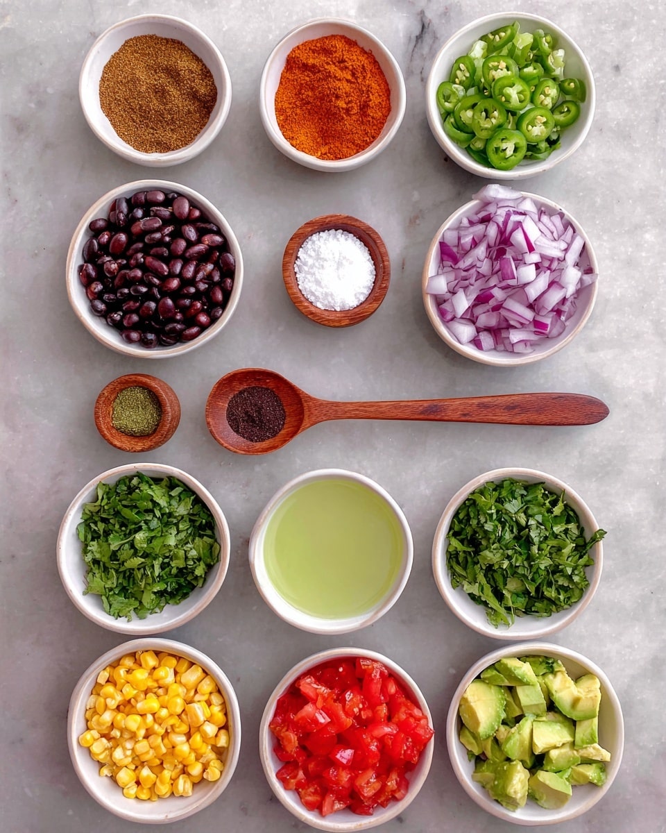 The image shows a top-down view of ten small white bowls arranged neatly in rows on a white marbled surface. Each bowl holds vibrant ingredients: at the top left, light brown cumin powder; next to it, bright orange ground chili powder; below the cumin, finely chopped green jalapenos; beside the jalapenos, a small wooden spoon with white salt; below the chili powder, finely chopped purple-red onion; beneath the onion, a bowl of pale green lime juice; below the jalapenos, fresh chopped dark green coriander; near the bottom left, black beans fill a bowl; next to the beans, golden fire-roasted corn kernels; and at the bottom, chopped light green avocado cubes sit beside a bowl of bright red diced roma tomatoes. photo taken with an iphone --ar 4:5 --v 7