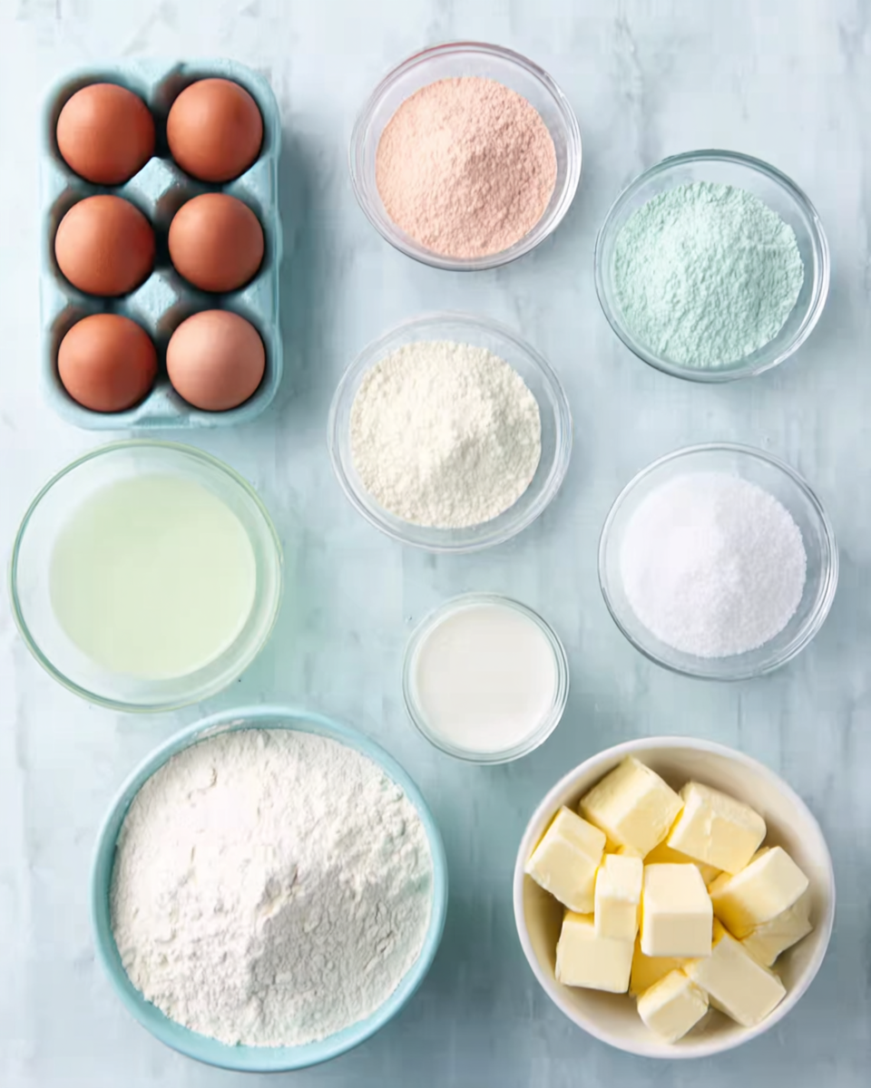 A top view of a light blue surface holding ten bowls and an egg tray, all neatly arranged. The egg tray in the top left corner has brown eggs with smooth shells. To the right, three white bowls hold different powders: pale pink, light blue, and light orange. Below them, there are two smaller clear glass bowls with white powders. Towards the bottom left, a large white bowl is filled with white flour, showing a slightly fluffy texture. A medium white bowl in the bottom right corner contains yellow butter cubes with smooth edges. In the middle are two white containers, one filled with a pale green liquid and the other with white granulated sugar, both with smooth surfaces. The scene is clean and organized on a white marbled textured background. photo taken with an iphone --ar 4:5 --v 7