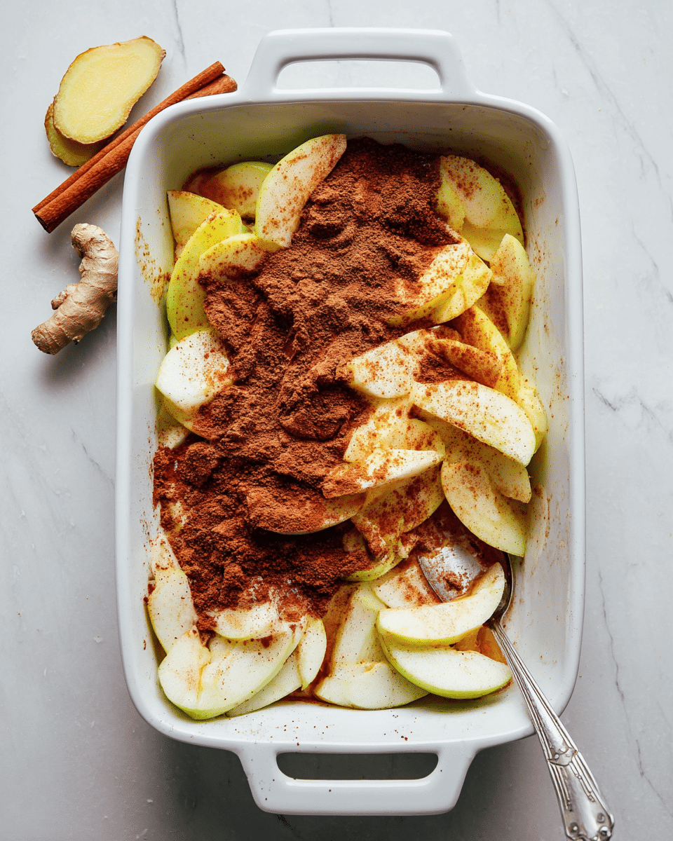In a white rectangular baking dish with handles on both sides, thin pale yellow and green apple slices are layered unevenly. On top, there is a generous sprinkle of cinnamon powder that is dark brown with some orange tones, creating a dusted effect. A silver spoon rests inside the dish on the right side, partially covered by the apple slices and cinnamon. The baking dish sits on a white marbled surface, with a piece of fresh ginger and a cinnamon stick placed nearby. The overall texture shows soft fruit edges with rough cinnamon spread unevenly. Photo taken with an iphone --ar 4:5 --v 7