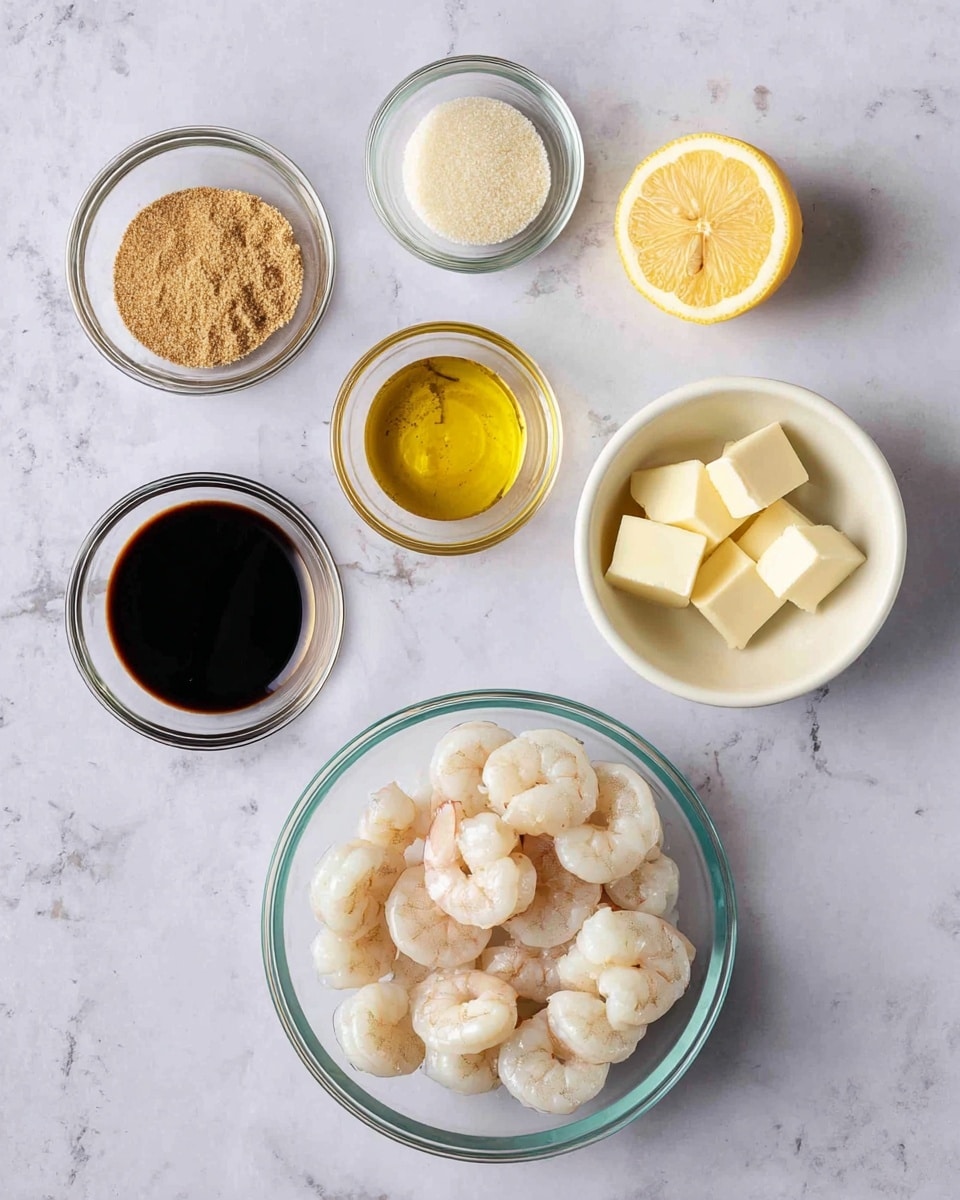 The image shows several small clear glass bowls and two small white bowls arranged on a white marbled surface. The largest bowl at the bottom right holds peeled, raw shrimp that are pale white with a slight translucent look. Above and to the left, there are six smaller glass bowls with different ingredients: light brown sugar with a grainy texture, golden olive oil, dark soy sauce with a smooth liquid surface, pale yellow minced garlic, and a light brown thick liquid. Two white bowls hold butter cubes that are pale yellow and a half lemon with bright yellow flesh and smooth skin. The setup is neat and clean, with all the ingredients placed separately for easy view, photo taken with an iphone --ar 4:5 --v 7