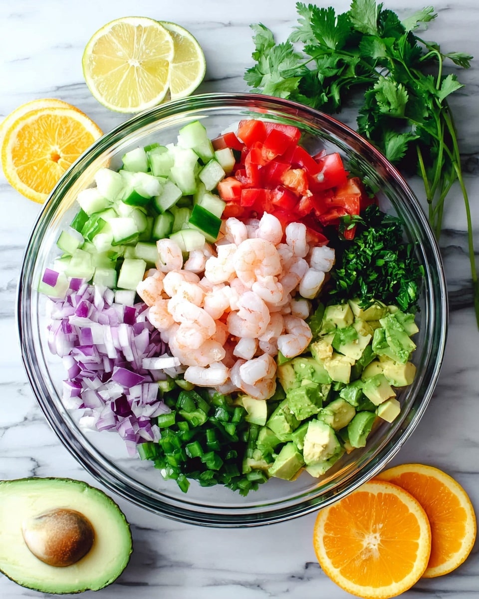 A clear glass bowl sits on a white marbled surface, filled with six distinct layers arranged in a circular pattern. At the center is a pile of small, light pink shrimp. Around the shrimp, starting from the top and moving clockwise, there are bright red diced tomatoes, fresh green cucumber cubes, chopped purple onions, chopped fresh green cilantro, small green chili pieces, and diced avocado with a pale green and creamy texture. Around the bowl on the white marbled surface, there are slices of lemon, lime, orange, an avocado half, and a sprig of cilantro. photo taken with an iphone --ar 4:5 --v 7